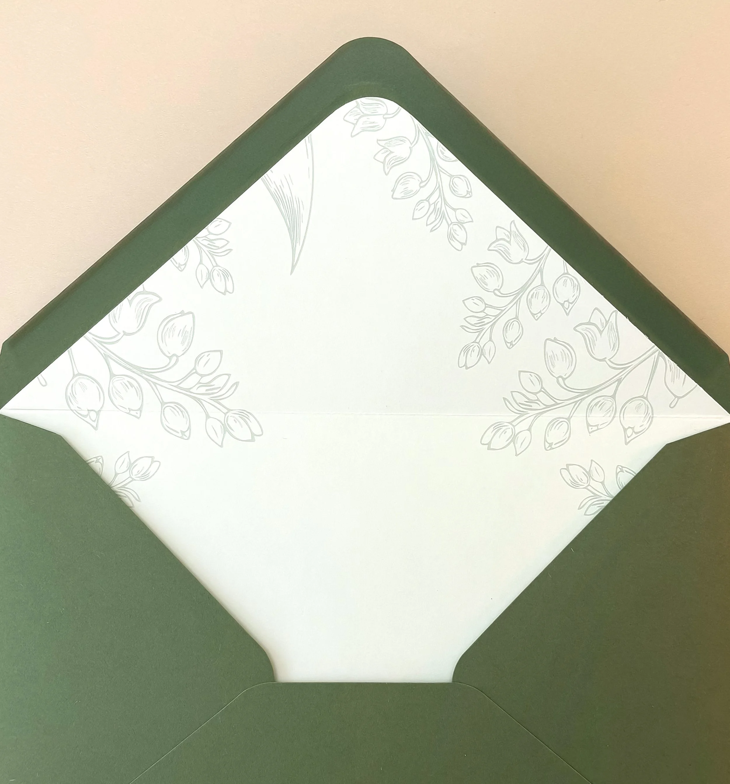 A white card with a green border inside a green envelope, featuring a faint floral pattern in the background.