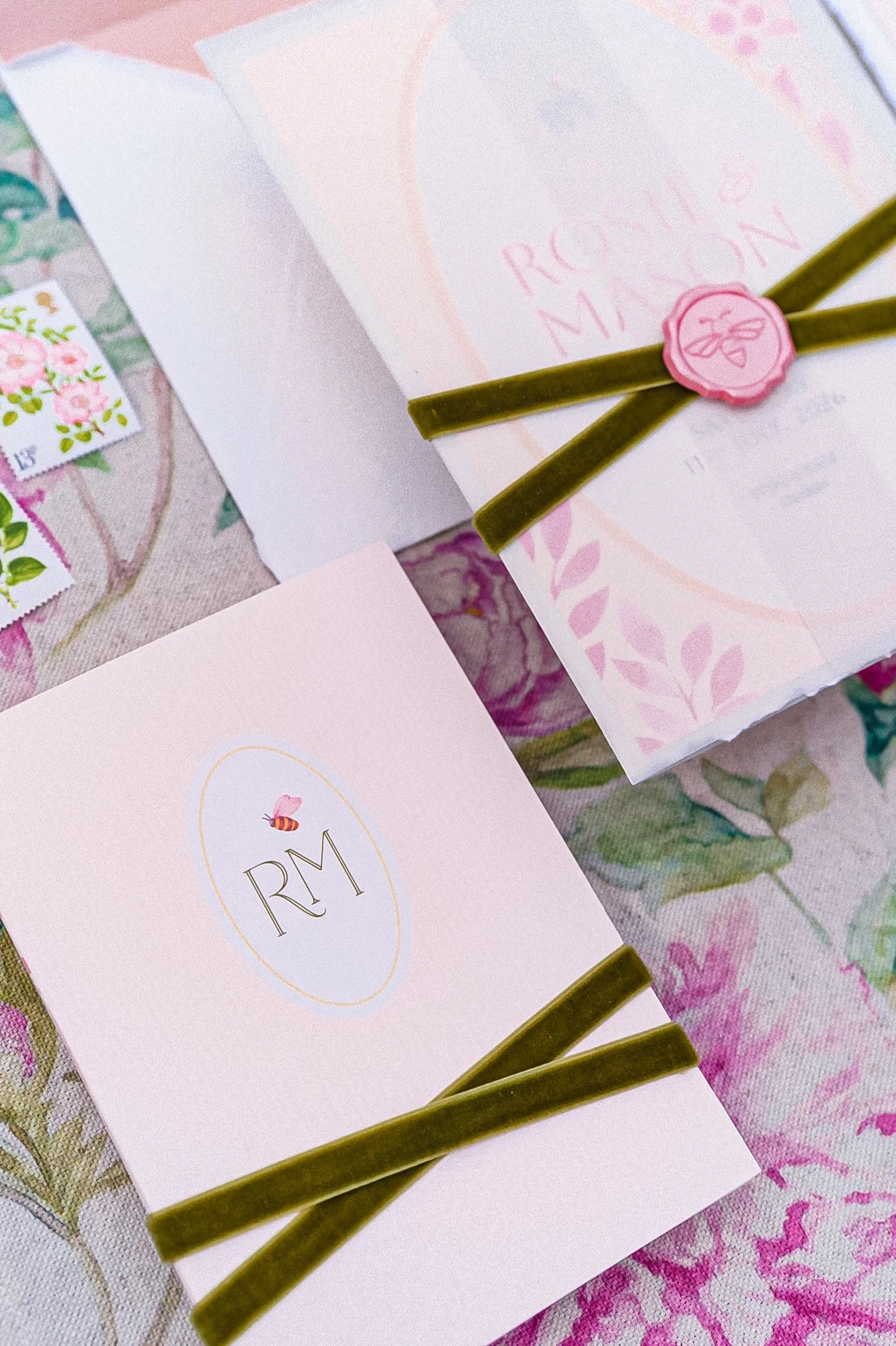 Romantic summer garden bespoke wedding invitation designed by Carrie at Honey Bee Mine. Featuring deckled handmade paper, summer florals and blush tones. Captured at Styal Lodge.