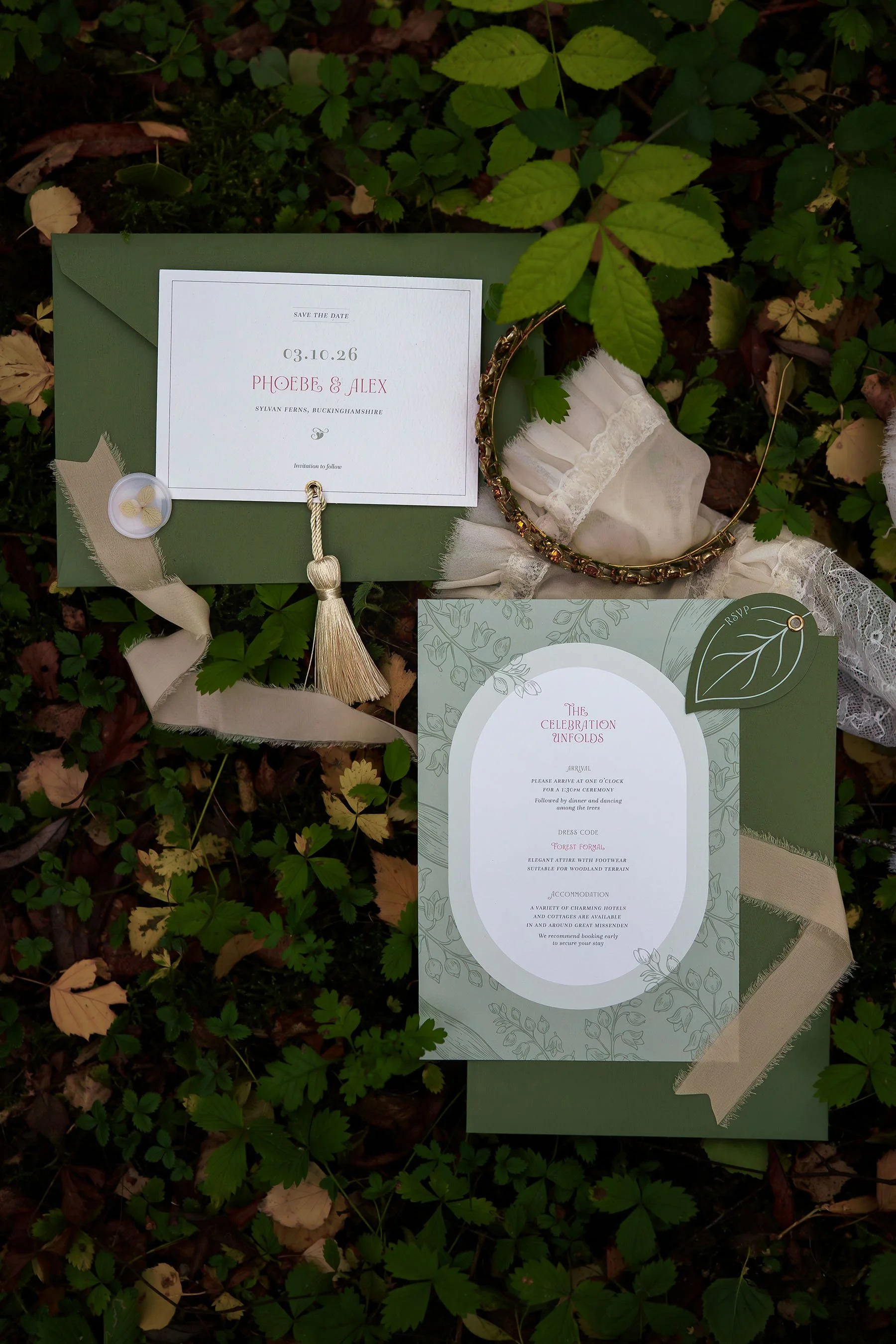 Ever Entwined wedding stationery styled for a woodland wedding editorial at Sylvan Ferns in Buckinghamshire.