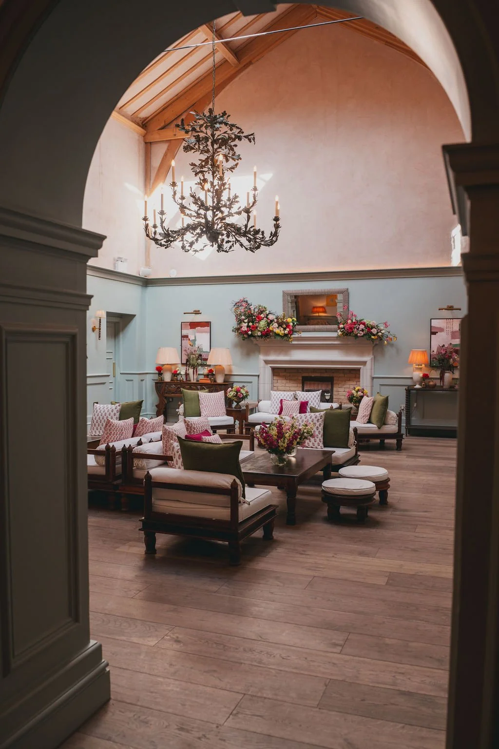 Wedding venue space dressed with bespoke fabric artwork created to match the stationery and wider styling details.