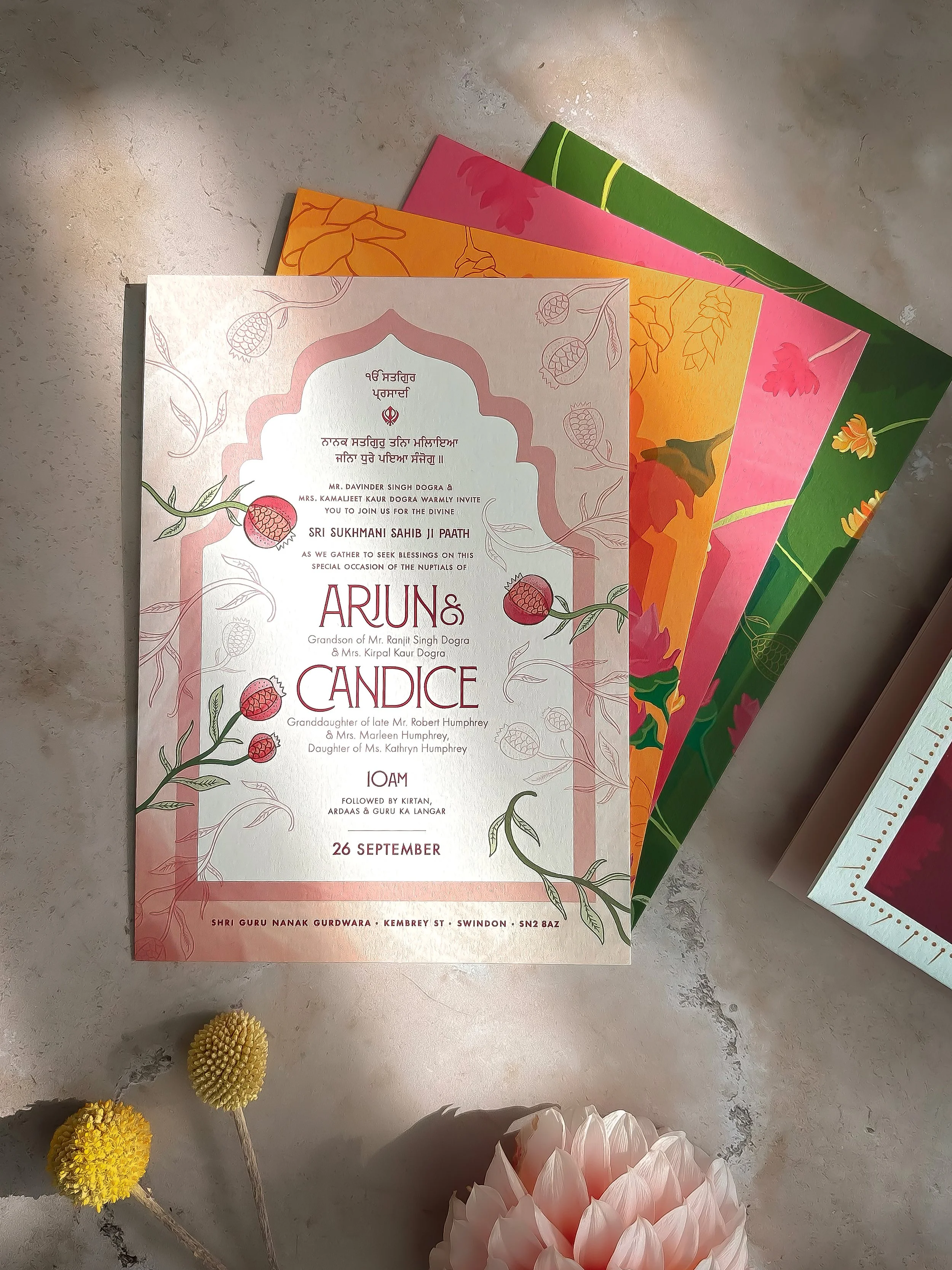 Colourful wedding invitation cards for Maiyan, Jaggo and Sangeet celebrations