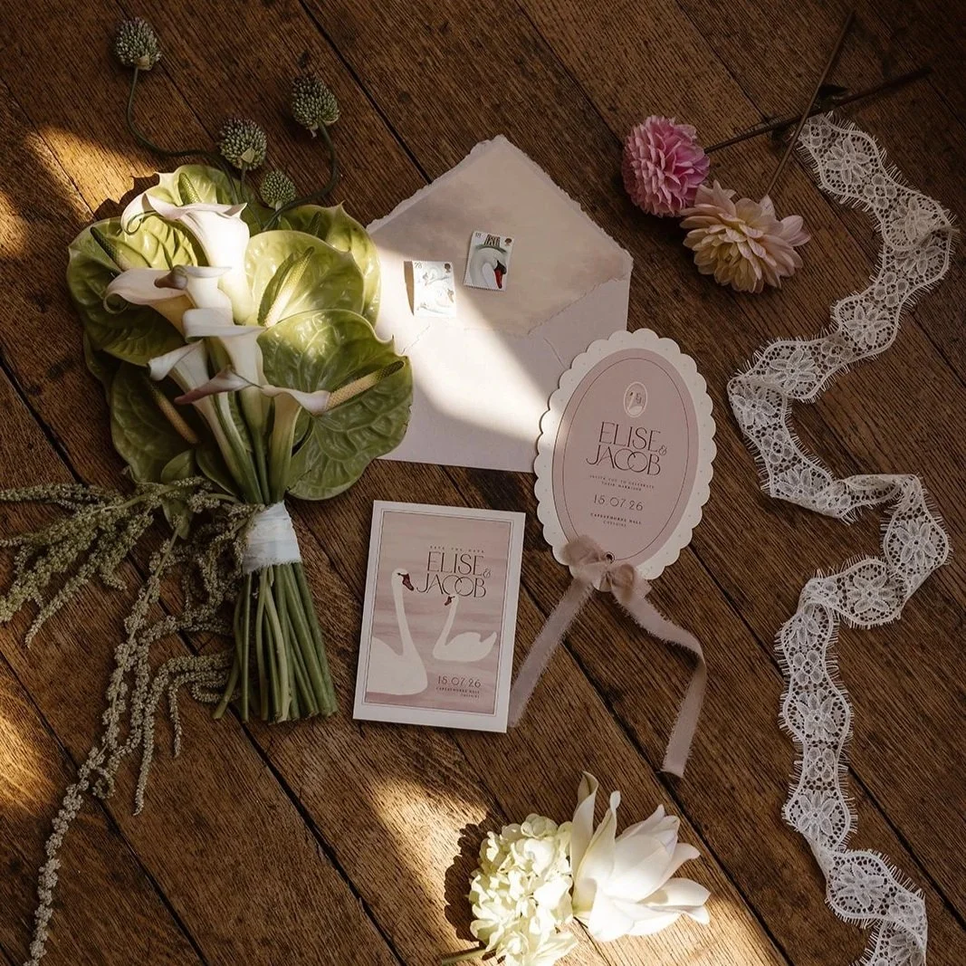 Luxury wedding invitation suite with hand illustrated swans, soft blush tones, scalloped edges and pure silk ribbon. Designed by Carrie at Honey Bee Mine, and captured at Capesthorne Hall.