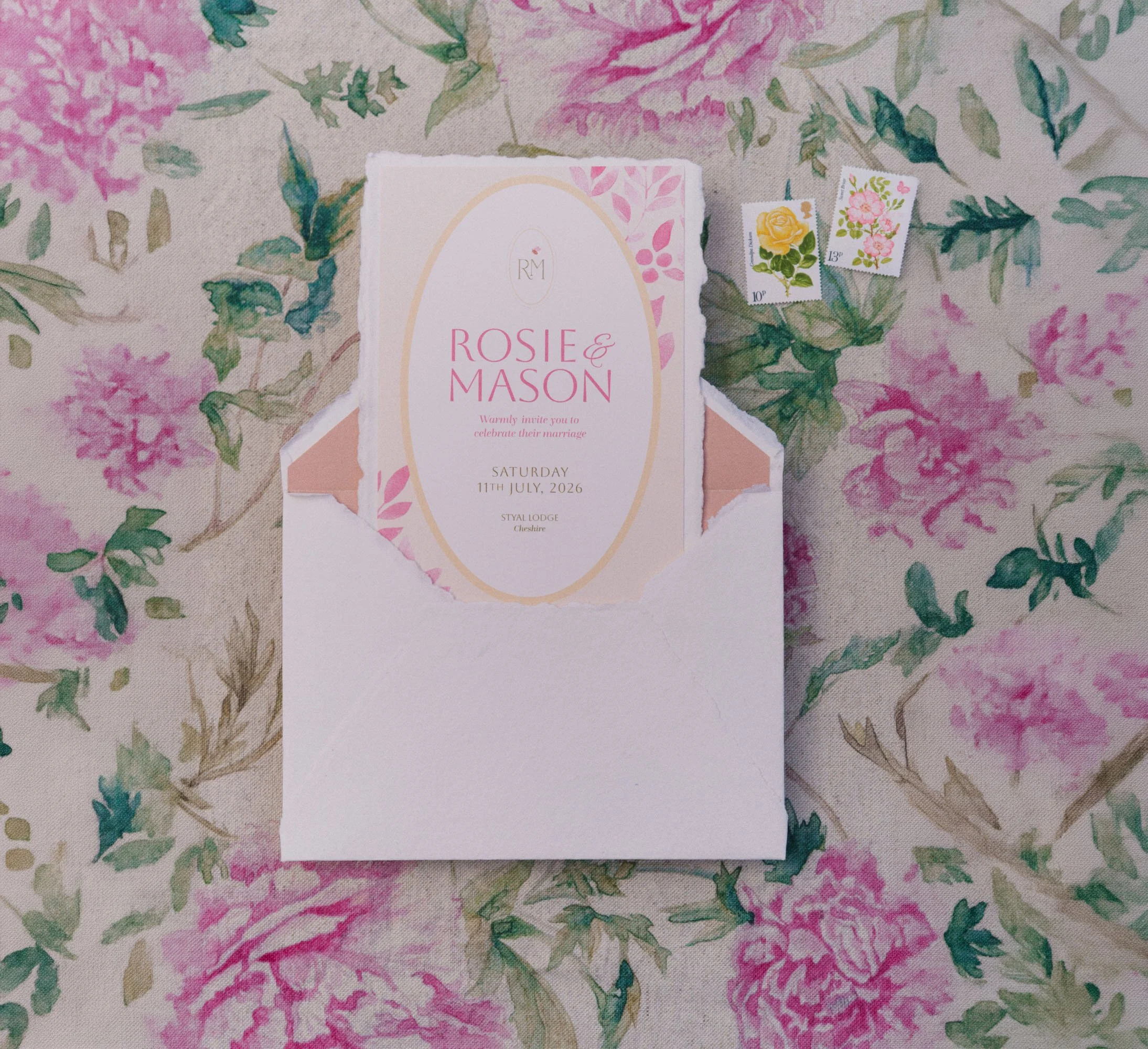 Romantic summer garden bespoke wedding invitation designed by Carrie at Honey Bee Mine. Featuring deckled handmade paper, summer florals and blush tones. Captured at Styal Lodge.