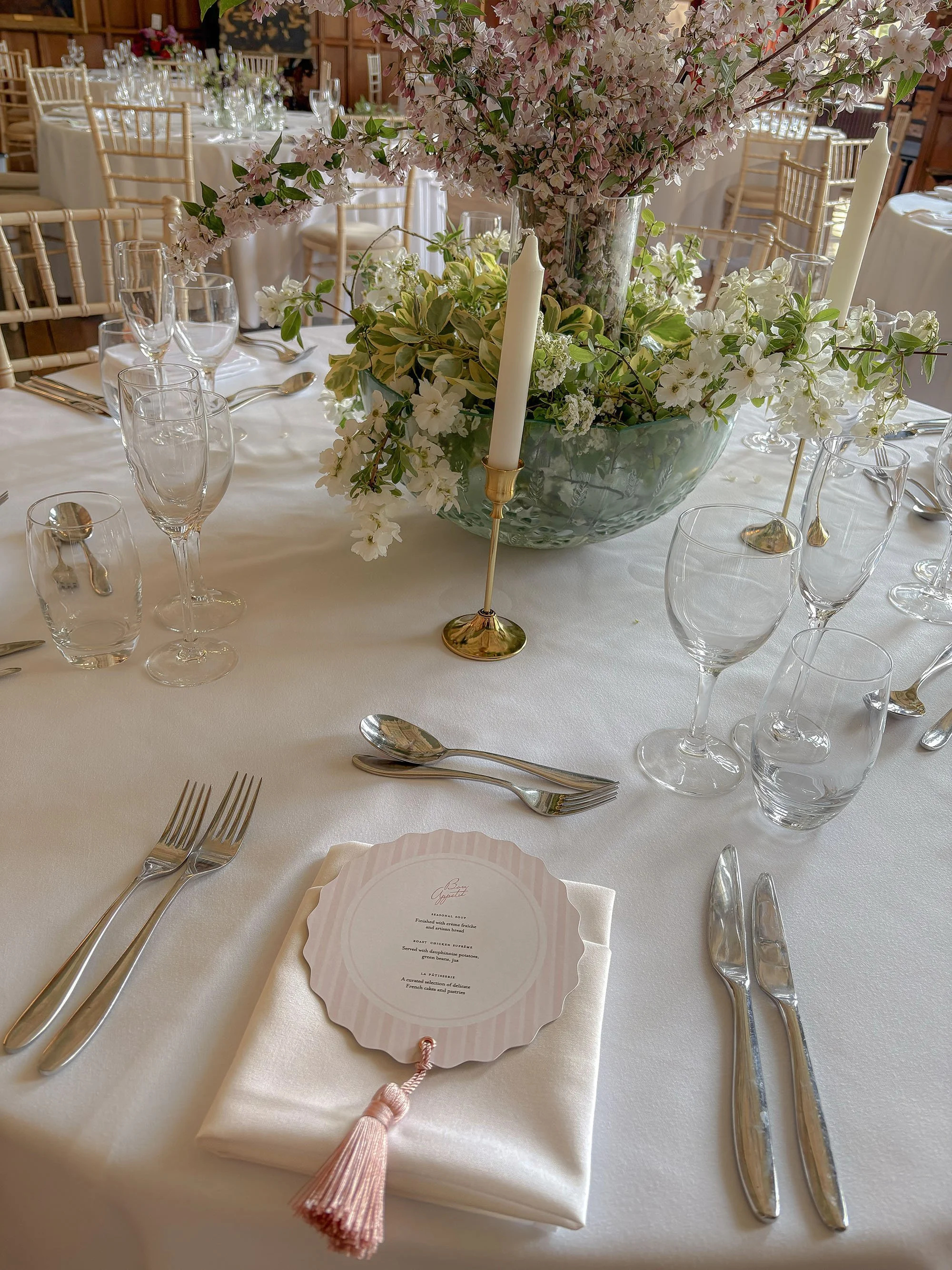 Luxury rose scalloped edge wedding menus at Arley Hall & Gardens, featuring striped details and vintage rose tassels by Honey Bee Mine.