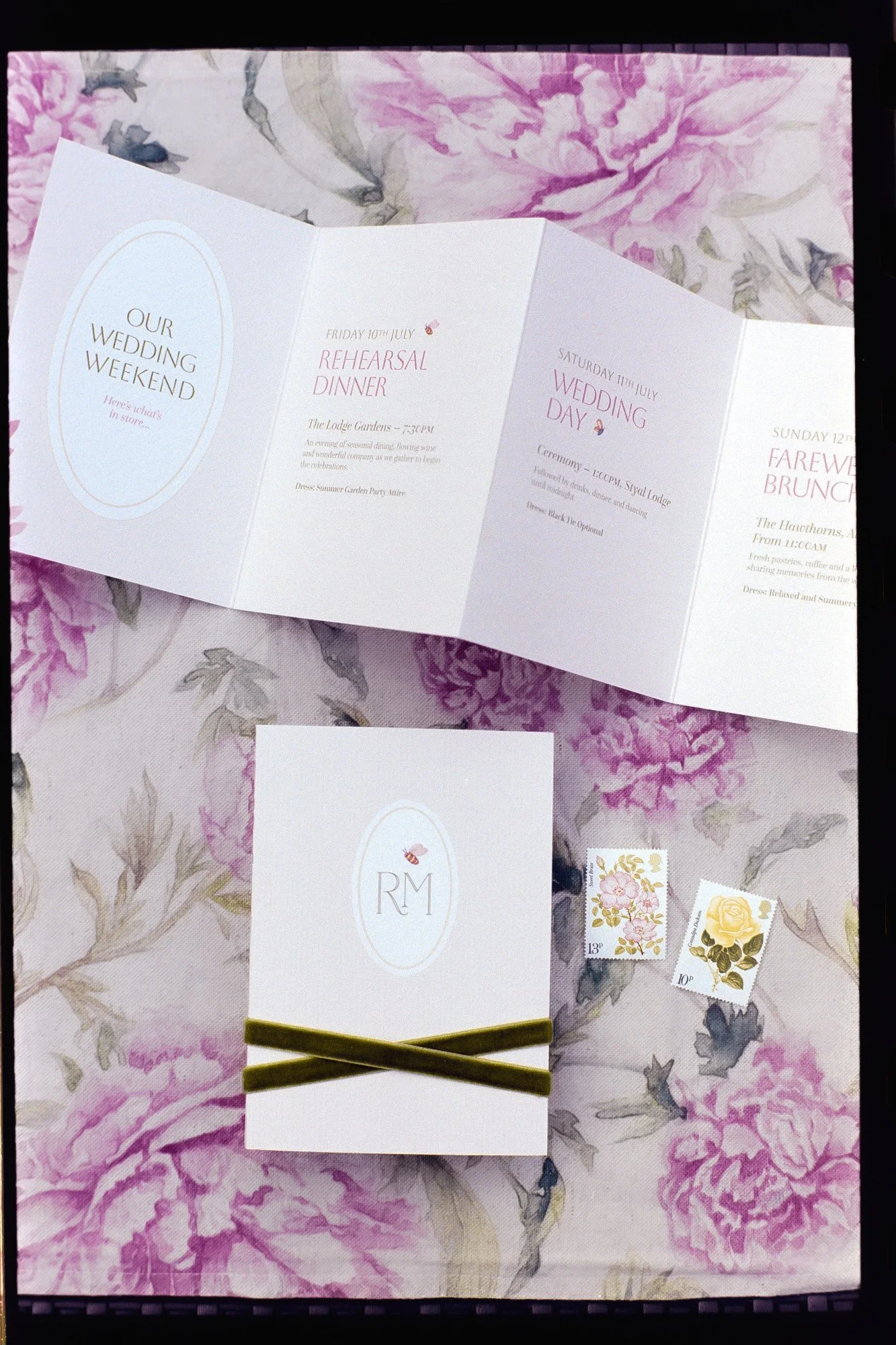 Bespoke concertina weekend itinerary for a multi-day wedding celebration. Featuring bespoke monogram and soft blush and peach tones. Designed by Carrie at Honey Bee Mine, captured at Styal Lodge. 