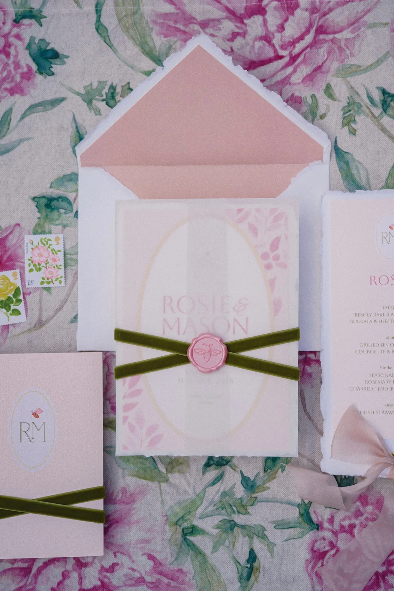Romantic summer garden bespoke wedding invitation designed by Carrie at Honey Bee Mine. Featuring deckled handmade paper, summer florals and blush tones. Captured at Styal Lodge.