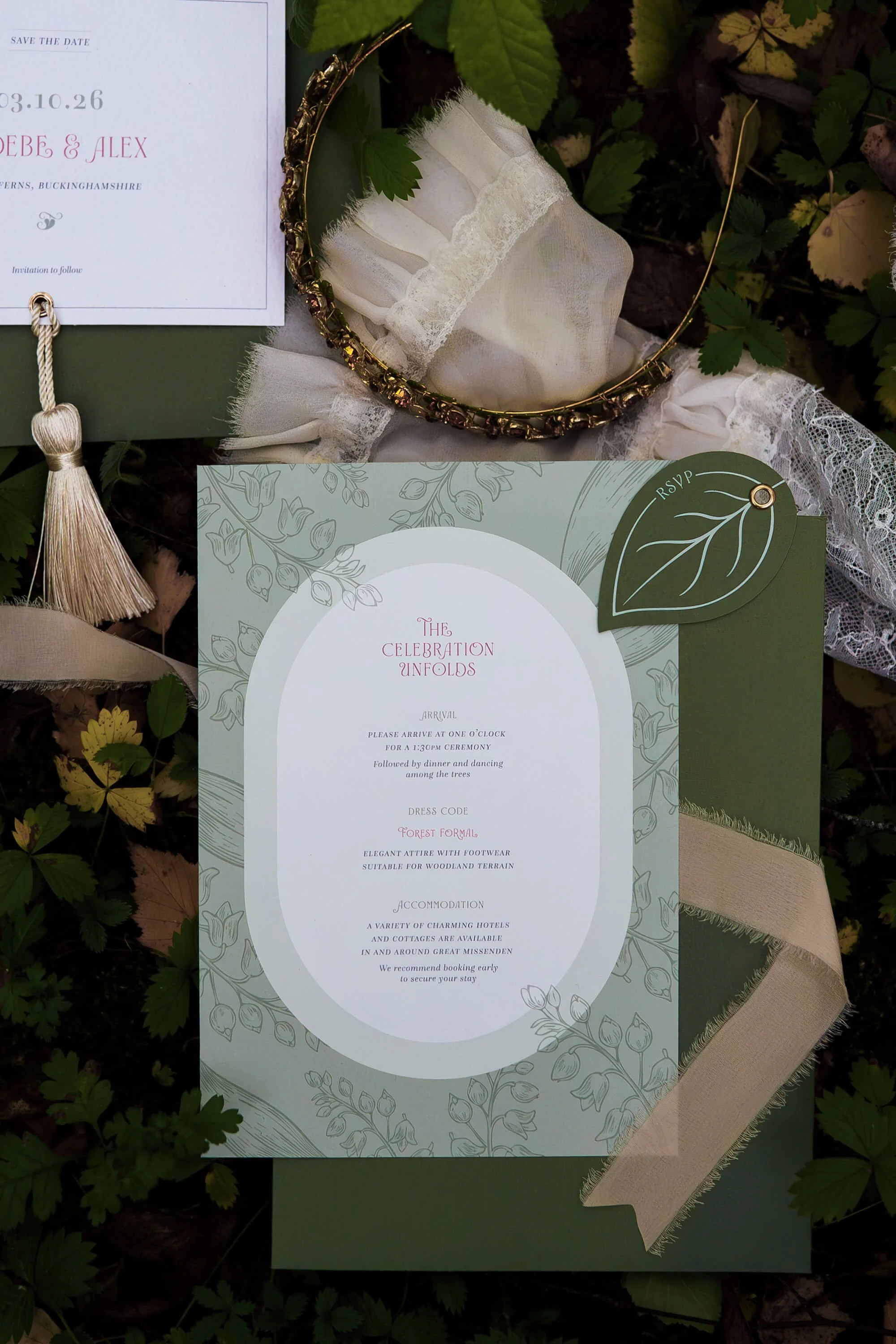 Ever Entwined invitation cards in soft ivory, forest green and warm coral with tactile paper details.