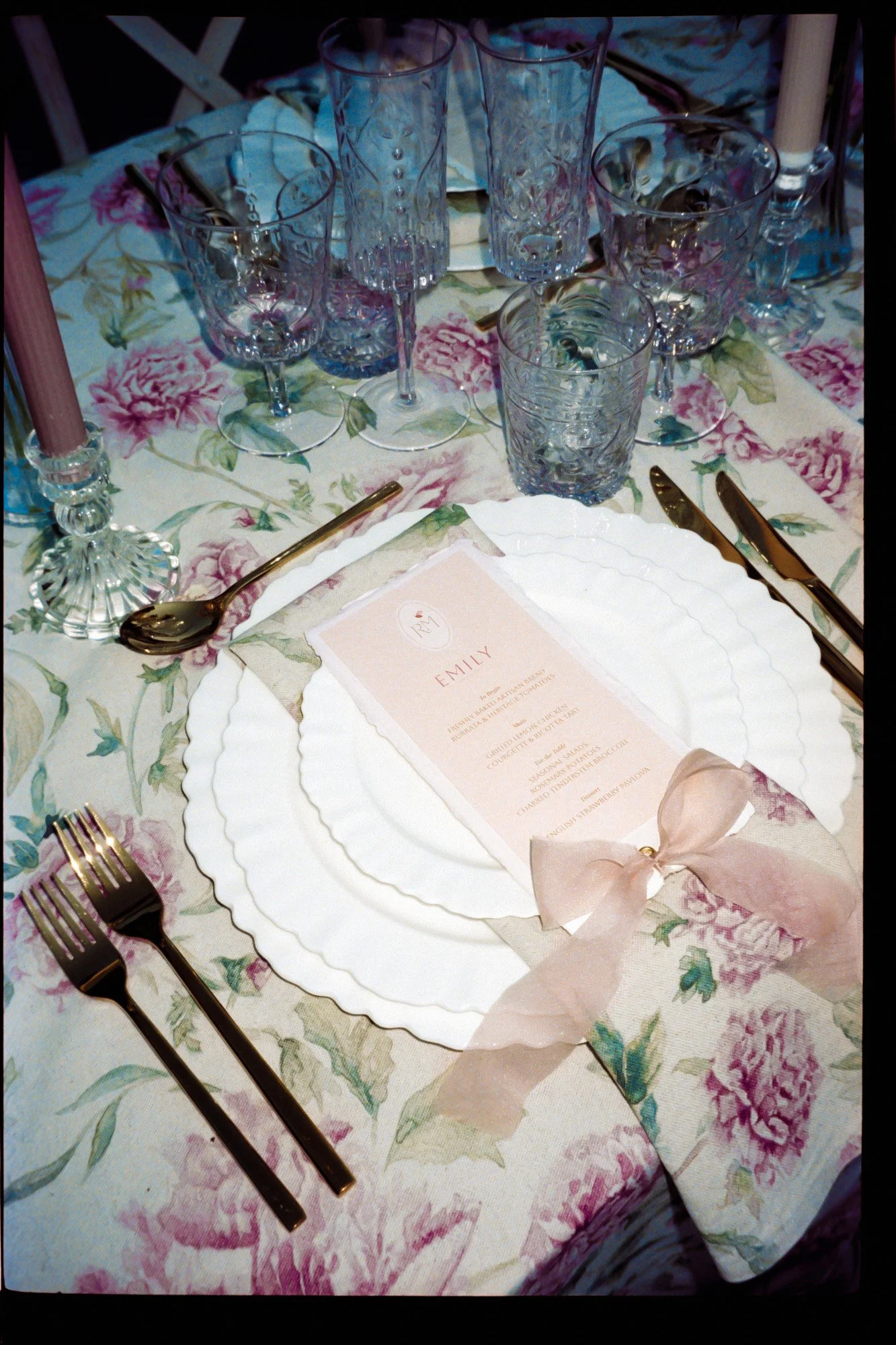 Romantic summer garden bespoke wedding menus designed by Carrie at Honey Bee Mine. Featuring deckled handmade paper, bespoke monogram, guest names, and blush tones. Finished with delicate silk chiffon ribbon. Captured at Styal Lodge.