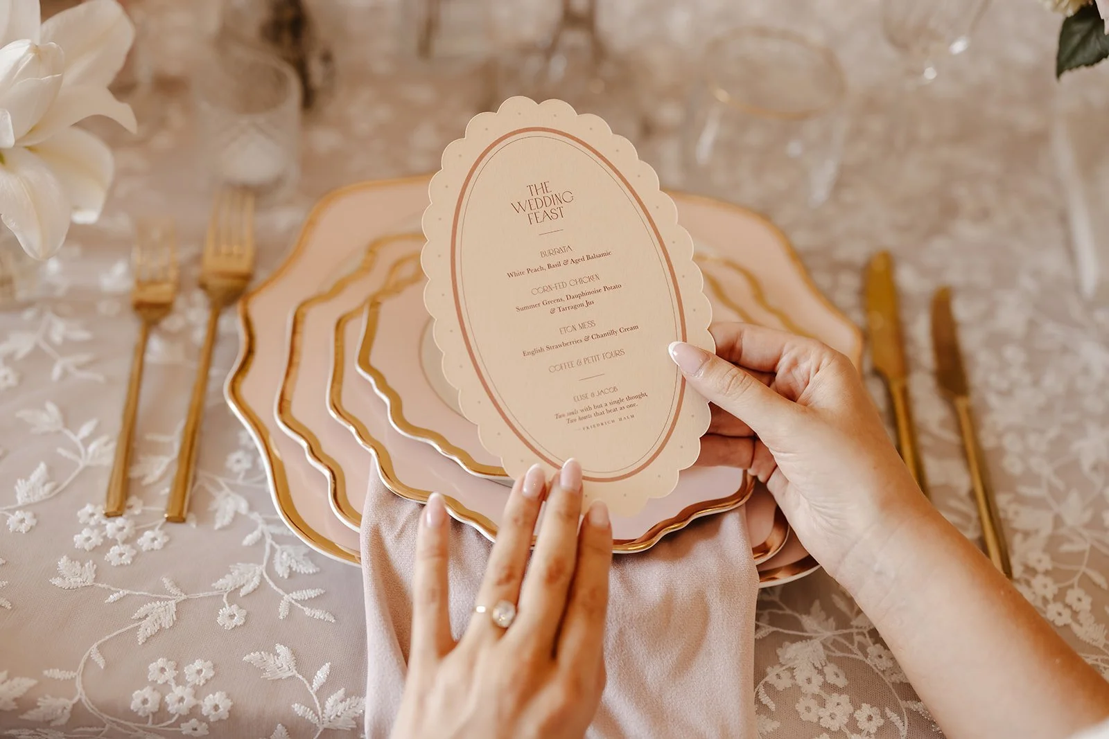 Luxury double-side wedding menus and place cards, featuring hand illustrated swan, soft blush tones, die-cut scalloped edges, and personalised with guest names. Designed by Carrie at Honey Bee Mine, and captured at Capesthorne Hall.