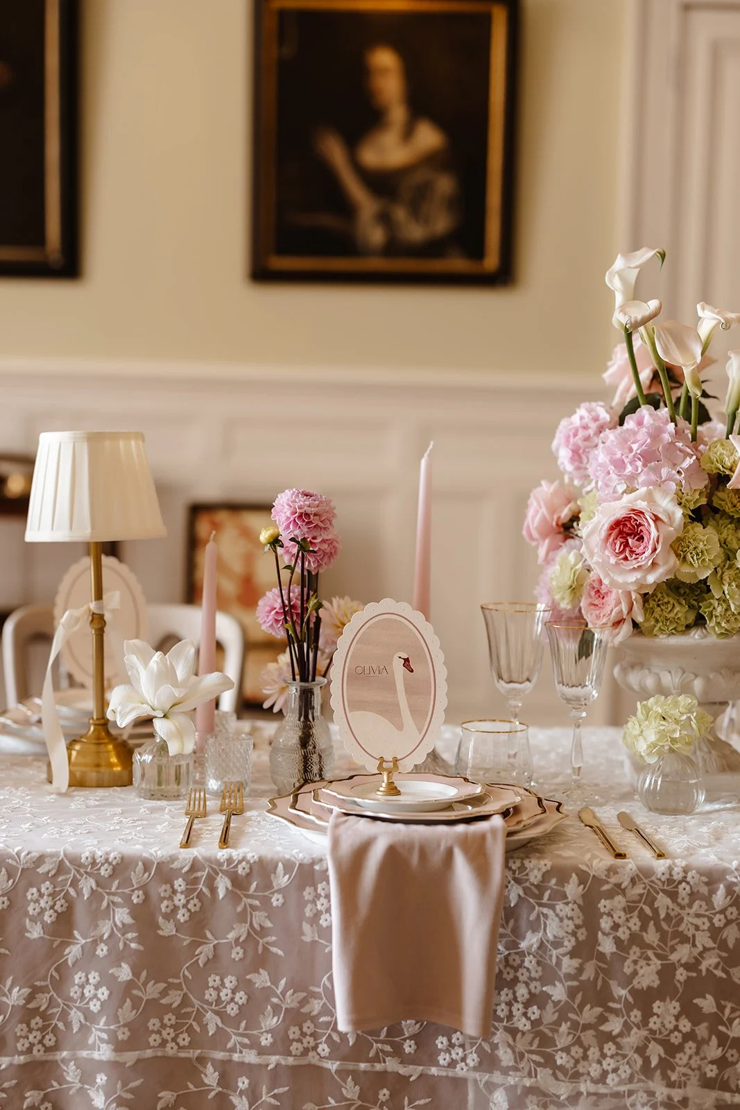 Luxury double-side wedding menus and place cards, featuring hand illustrated swan, soft blush tones, die-cut scalloped edges, and personalised with guest names. Designed by Carrie at Honey Bee Mine, and captured at Capesthorne Hall.