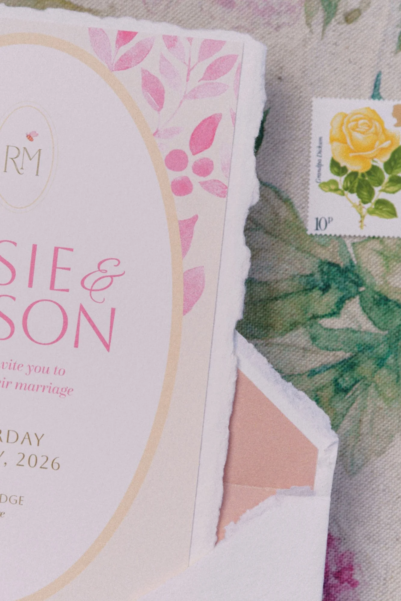 Romantic summer garden bespoke wedding invitation designed by Carrie at Honey Bee Mine. Featuring deckled handmade paper, summer florals and blush tones. Captured at Styal Lodge.