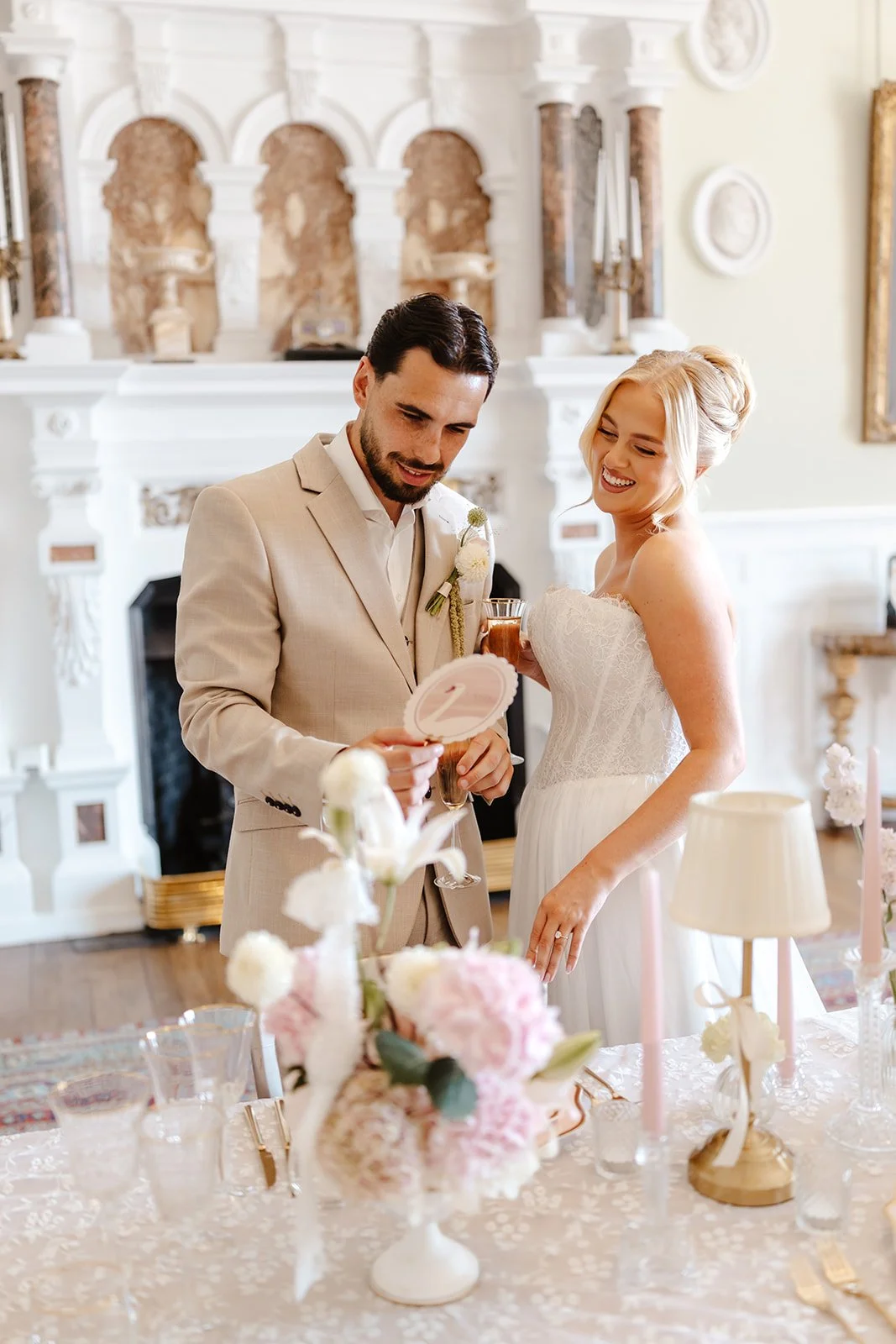 Luxury double-side wedding menus and place cards, featuring hand illustrated swan, soft blush tones, die-cut scalloped edges, and personalised with guest names. Designed by Carrie at Honey Bee Mine, and captured at Capesthorne Hall.