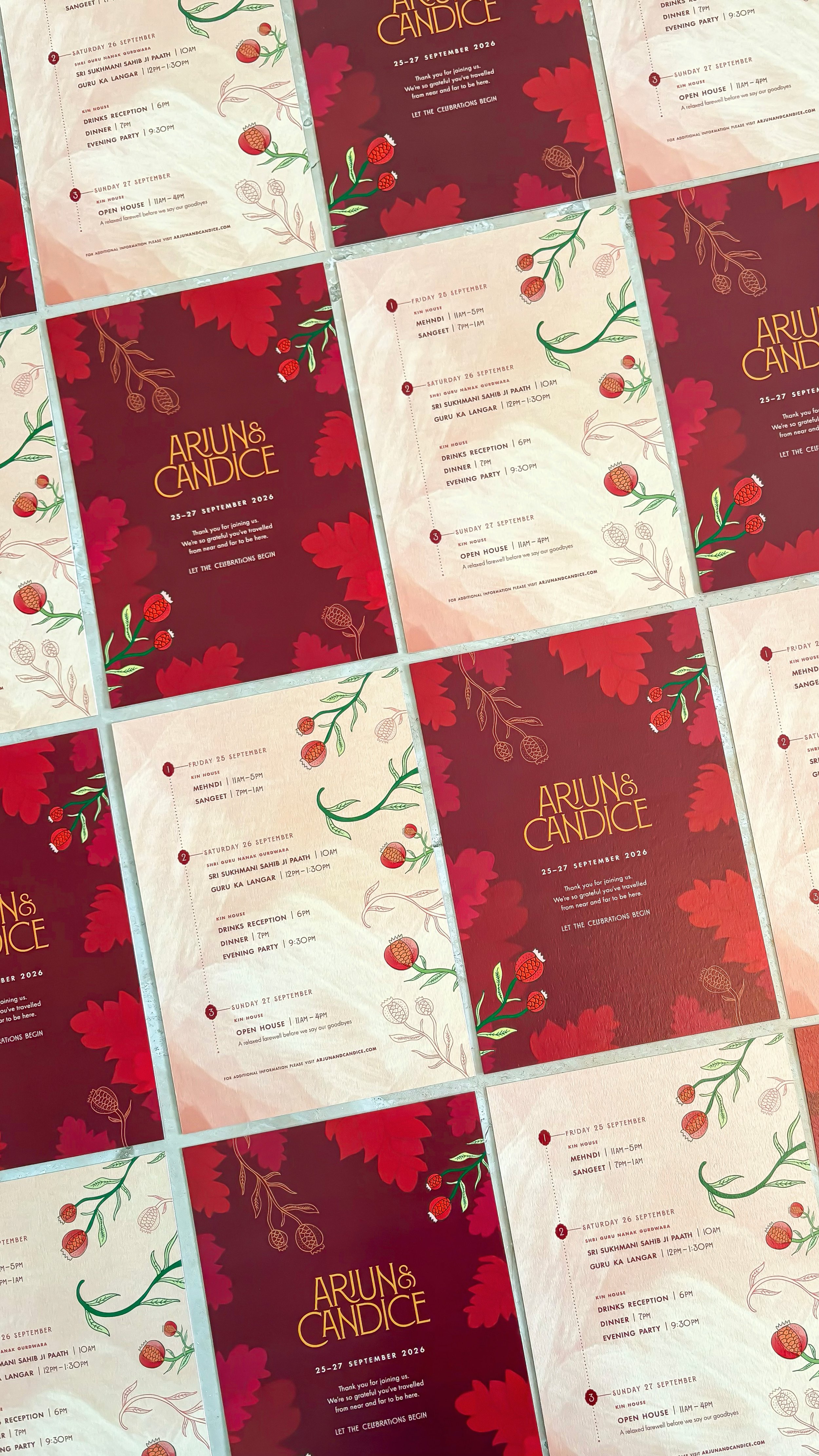 Wedding weekend welcome itineraries with bespoke botanical illustrations.