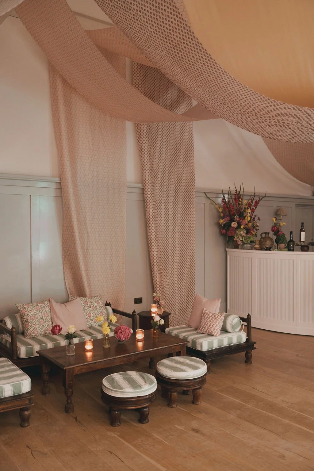 Wedding bar dressed with bespoke fabric artwork created to match the stationery and styling at Kin House.