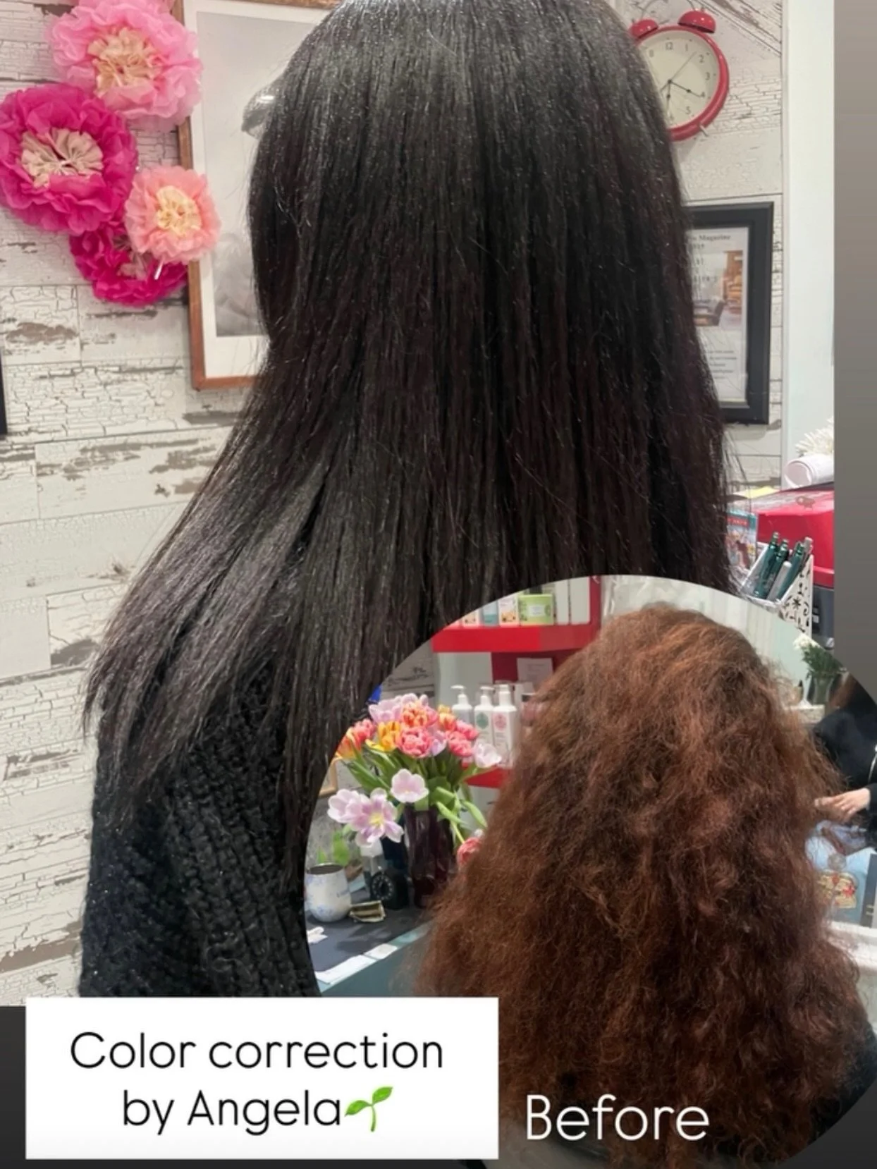 Before &amp; After Color Correction &amp; New Haircut by Angela

From an old brassy tone to a fresh, shiny, beautifully balanced colour &mdash; achieved with a gentle professional approach and no harsh chemicals, as always.

This colour correction, c
