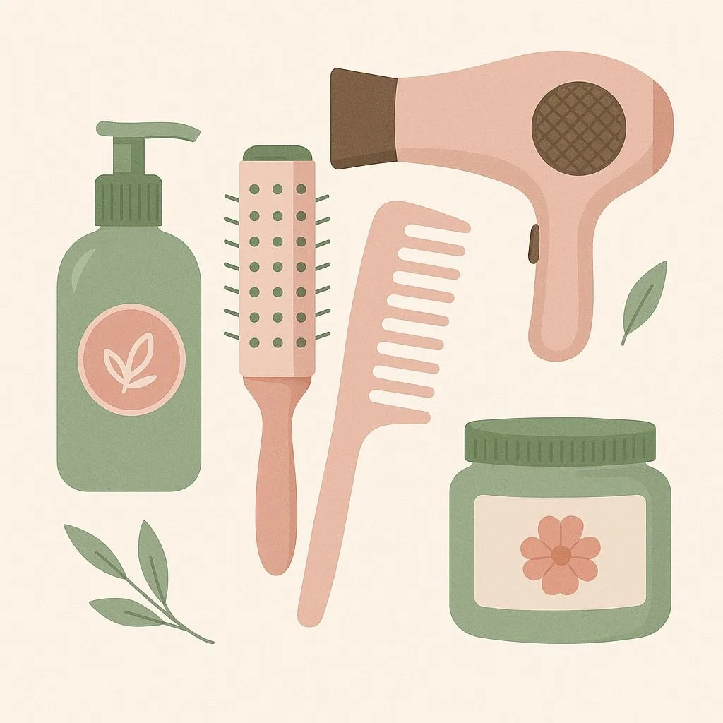 Illustration of hair care products including a pump bottle, two hairbrushes, a hairdryer, and a jar of cream, with small green leaves.