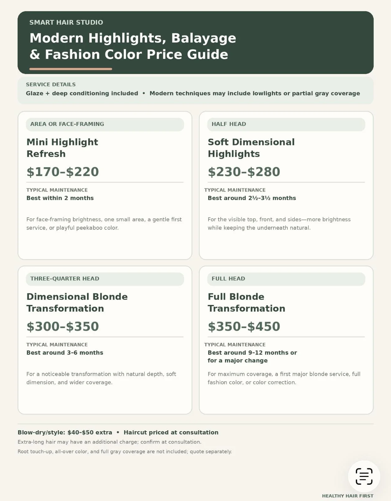 Smart Hair Studio price guide for modern highlights, balayage, and fashion color services, listing four hair-color packages from $170 to $450.