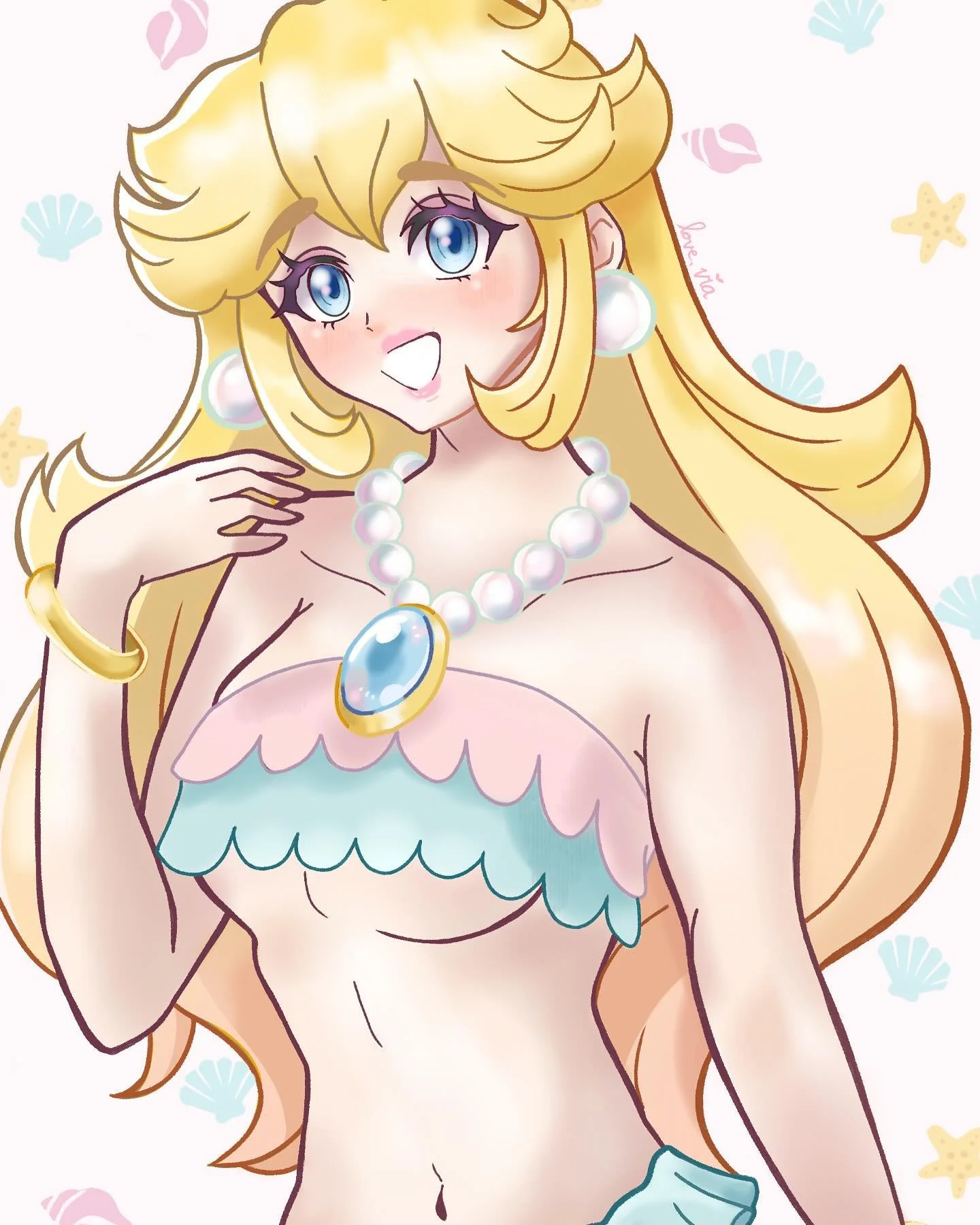 mermaid princess peach, finally completed~ instagram unfortunately messed up the cropping but that&rsquo;s ok!! 🐚🧜🏻&zwj;♀️💞🎀✨

more art on the way~ 

#princesspeach #peach #art #artist #digitalart #animeart #nintendoart #videogame #gaming #video