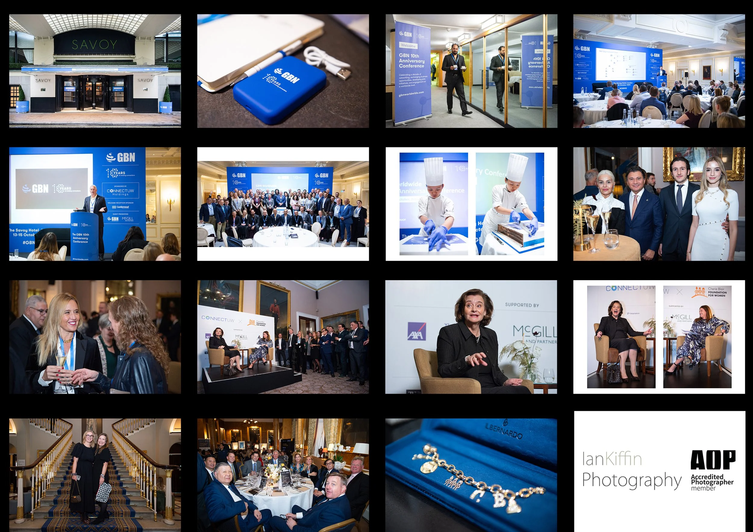 Multiple images of GBN Conference and Cherie Blair Foundation dinner and auction.