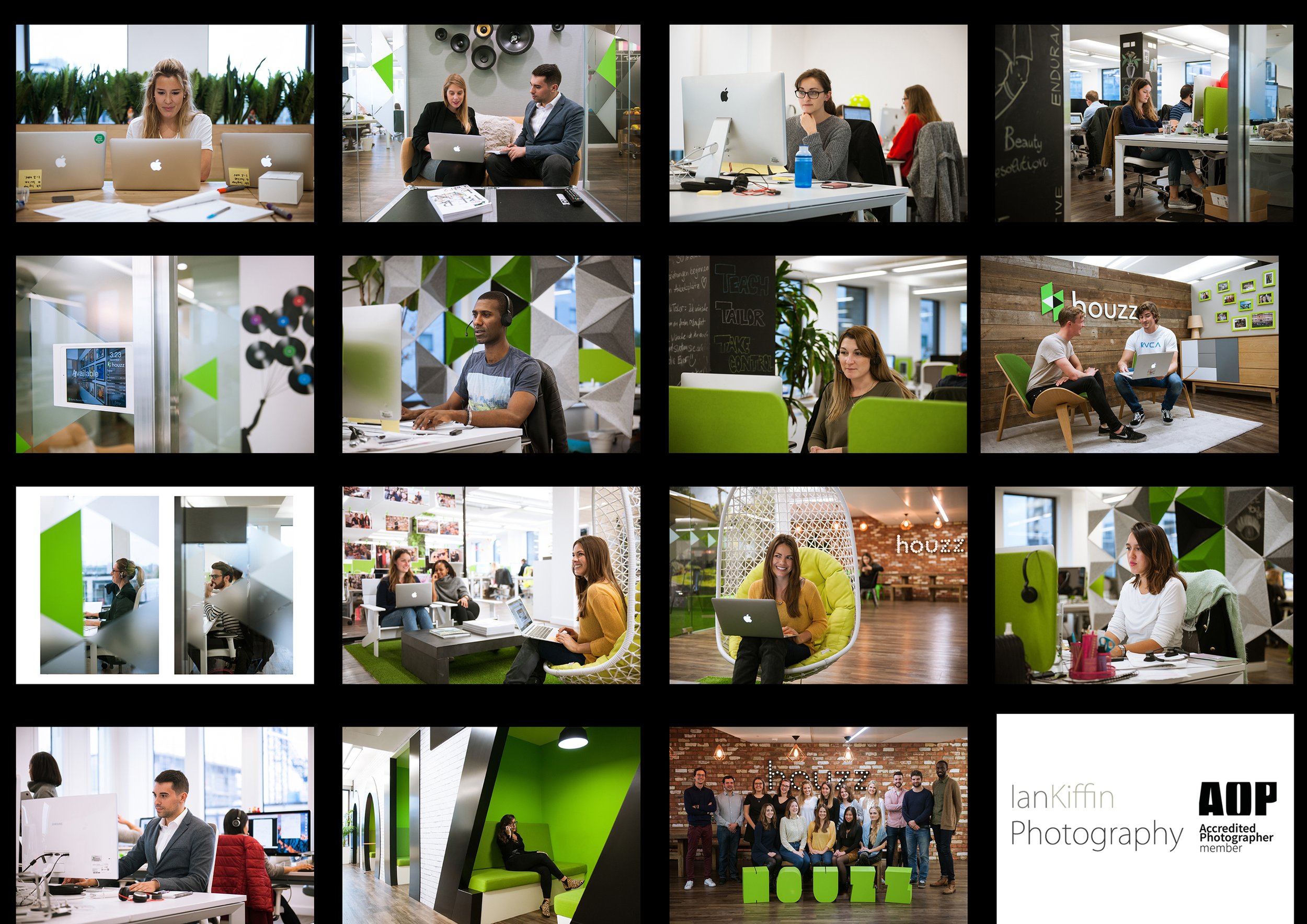 Multiple images of office works for interior design software company, Houzz