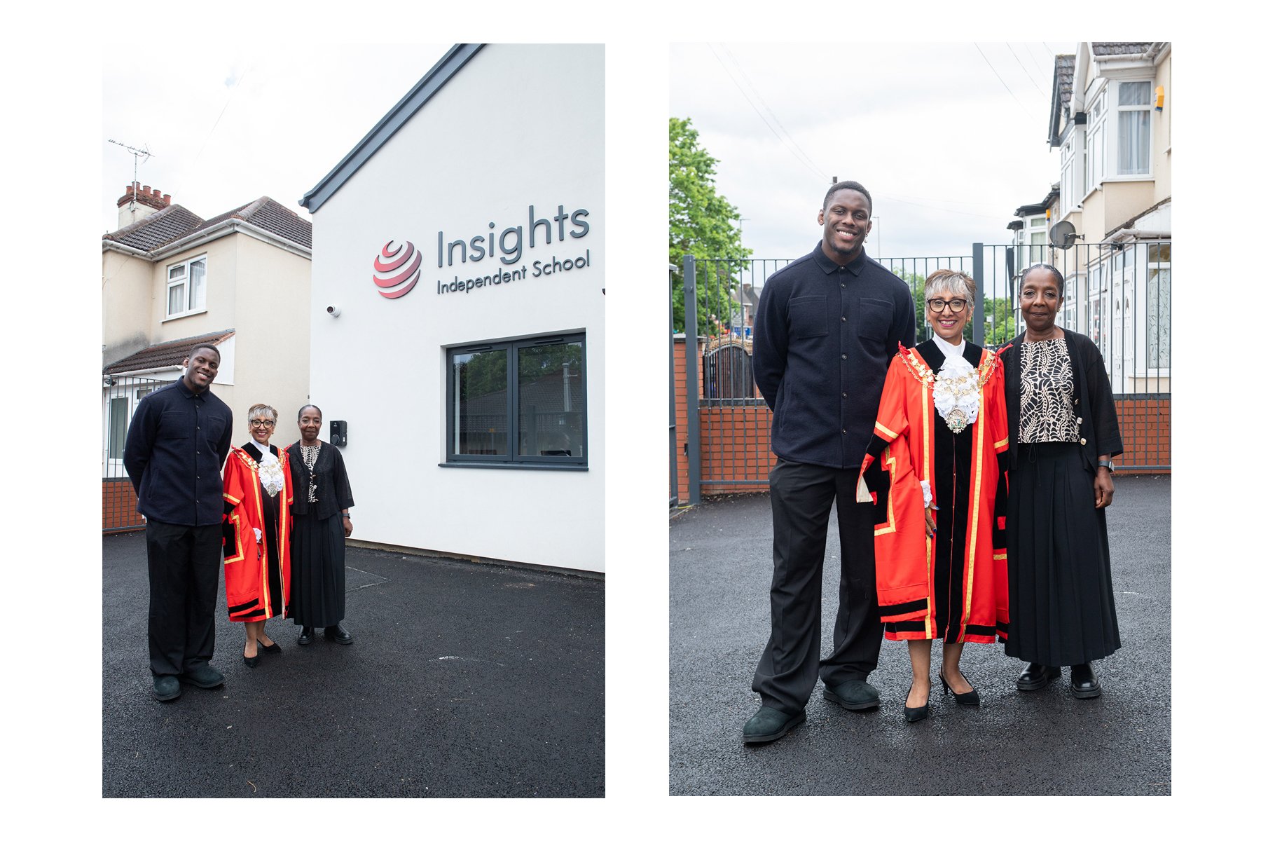England and British & Irish Lions rugby captain, Maro Itoje, Mayor of Hillingdon, Reeta Chambal and Founder of Insights School, Barbara Quartey pose for photos outside the school.