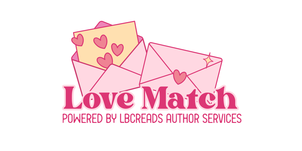 Logo for Love Match, featuring pink envelopes with hearts and a card with hearts, with text "Love Match" and "Powered by LBReads Author Services".
