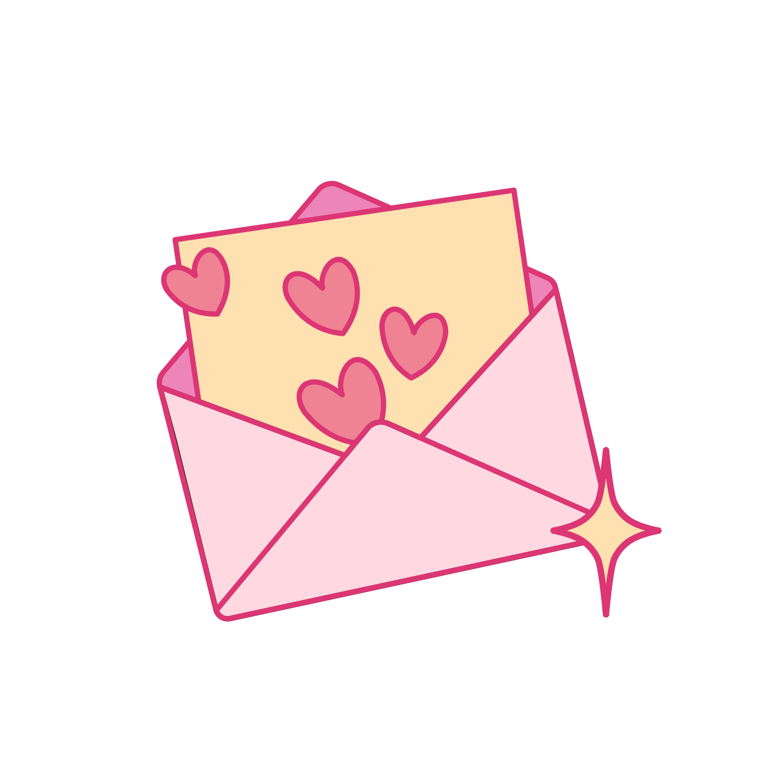 Pink envelope with a love letter featuring four pink hearts and a sparkling star.