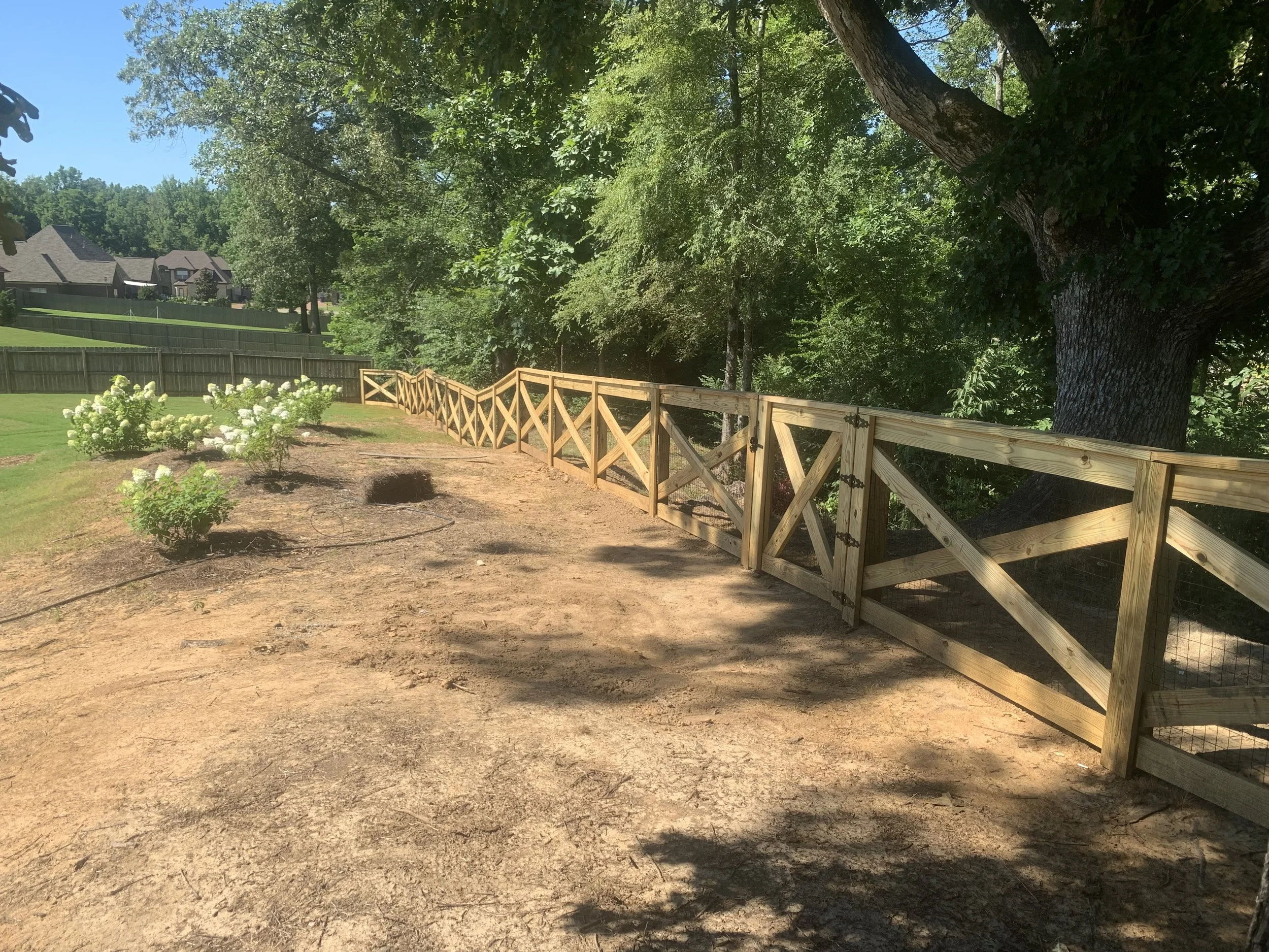 A wooden fence along a dirt path near a garden with white flowering bushes and large trees in the background.
