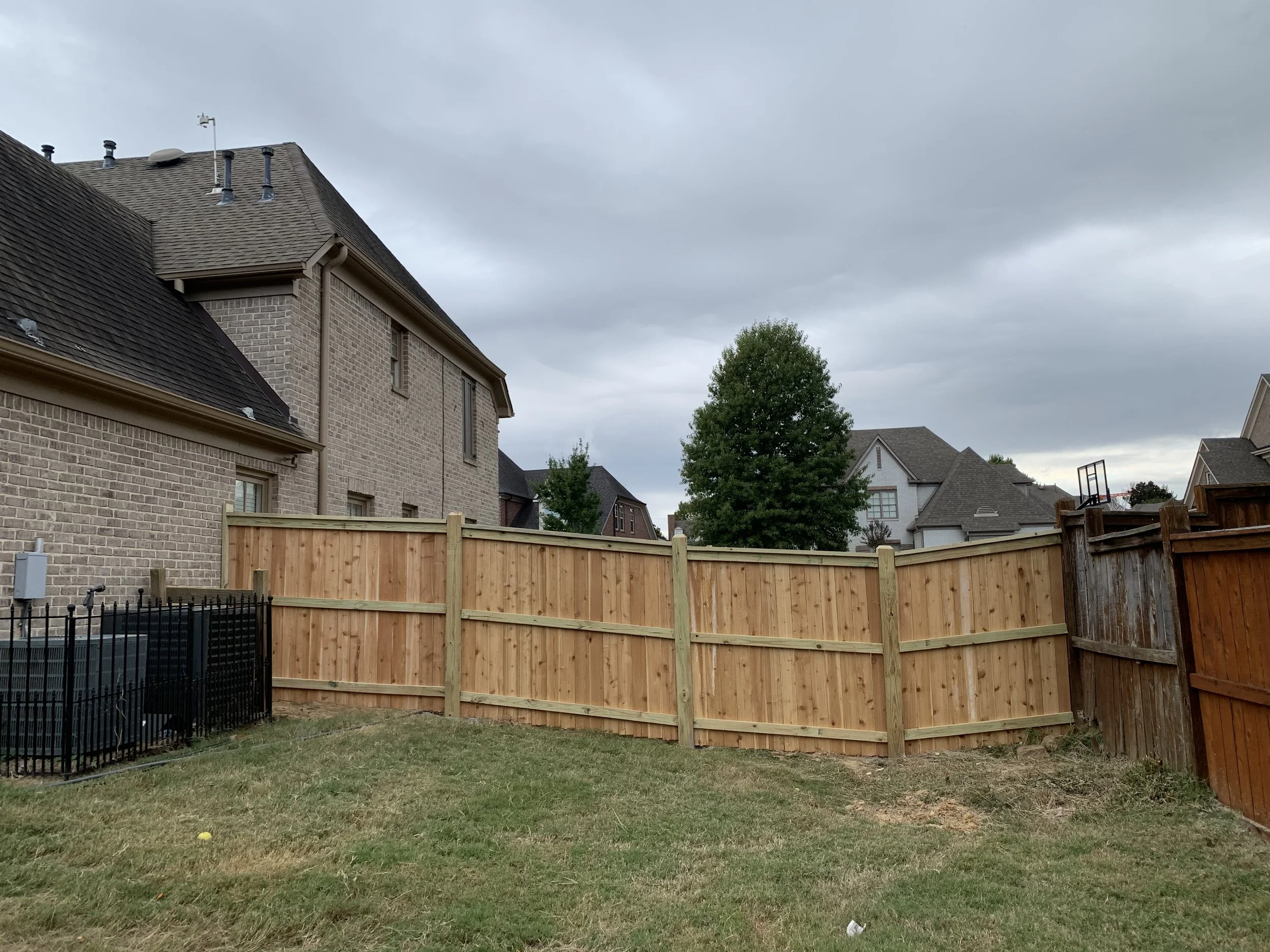 Residential backyard with a new wooden privacy fence, neighboring houses, a large tree, and a cloudy sky.