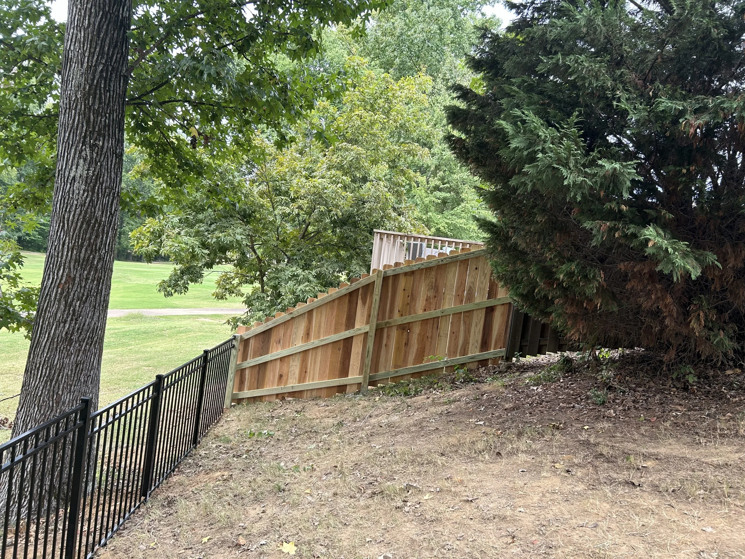 Custom transition from cedar privacy fencing to black aluminum fencing in Hernando, MS for privacy where needed and open backyard views.