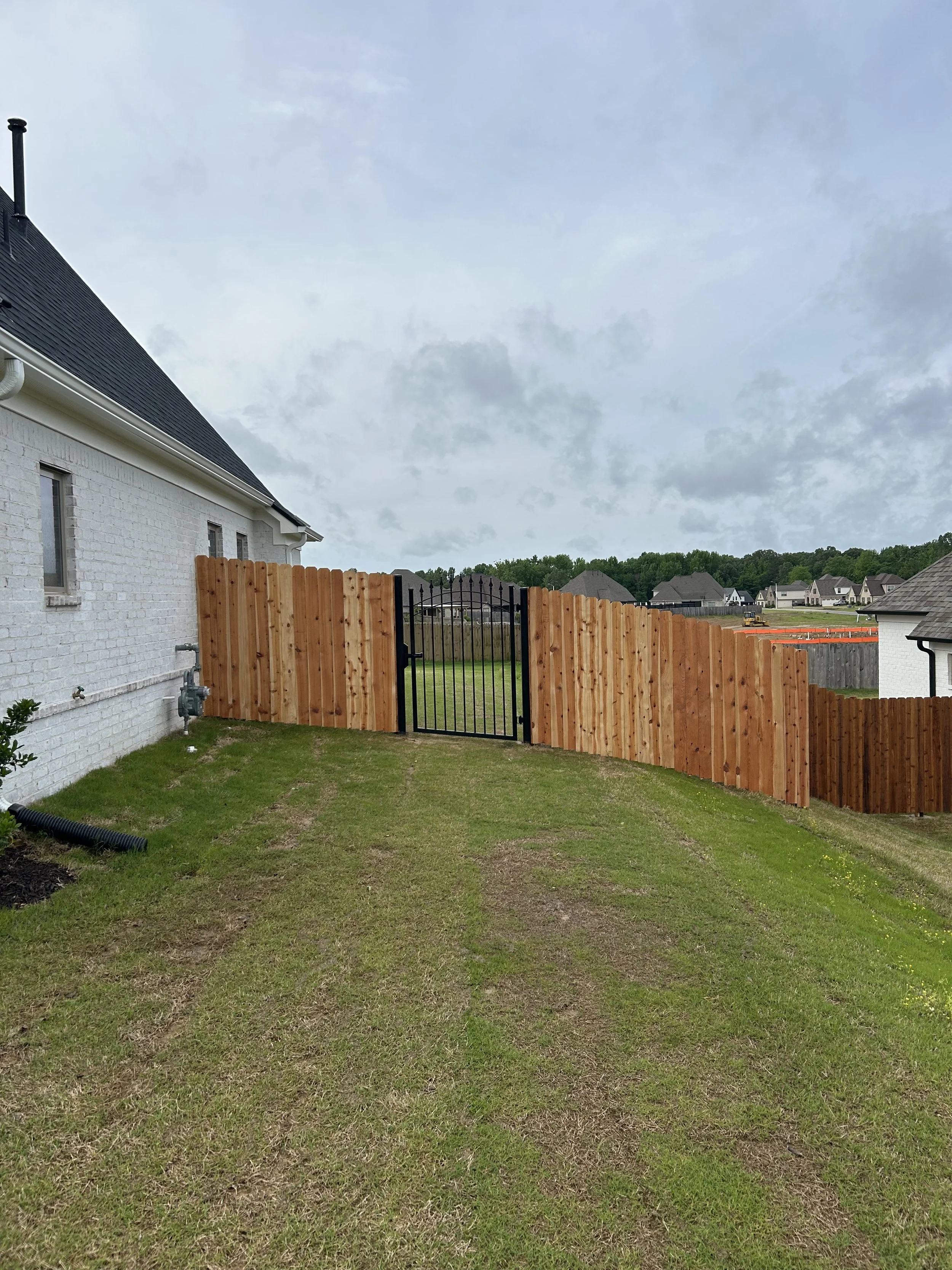 Ornamental steel walk gate installed with a cedar privacy fence on a sloped residential property in Southaven, Mississippi by DeSoto Fence Co.