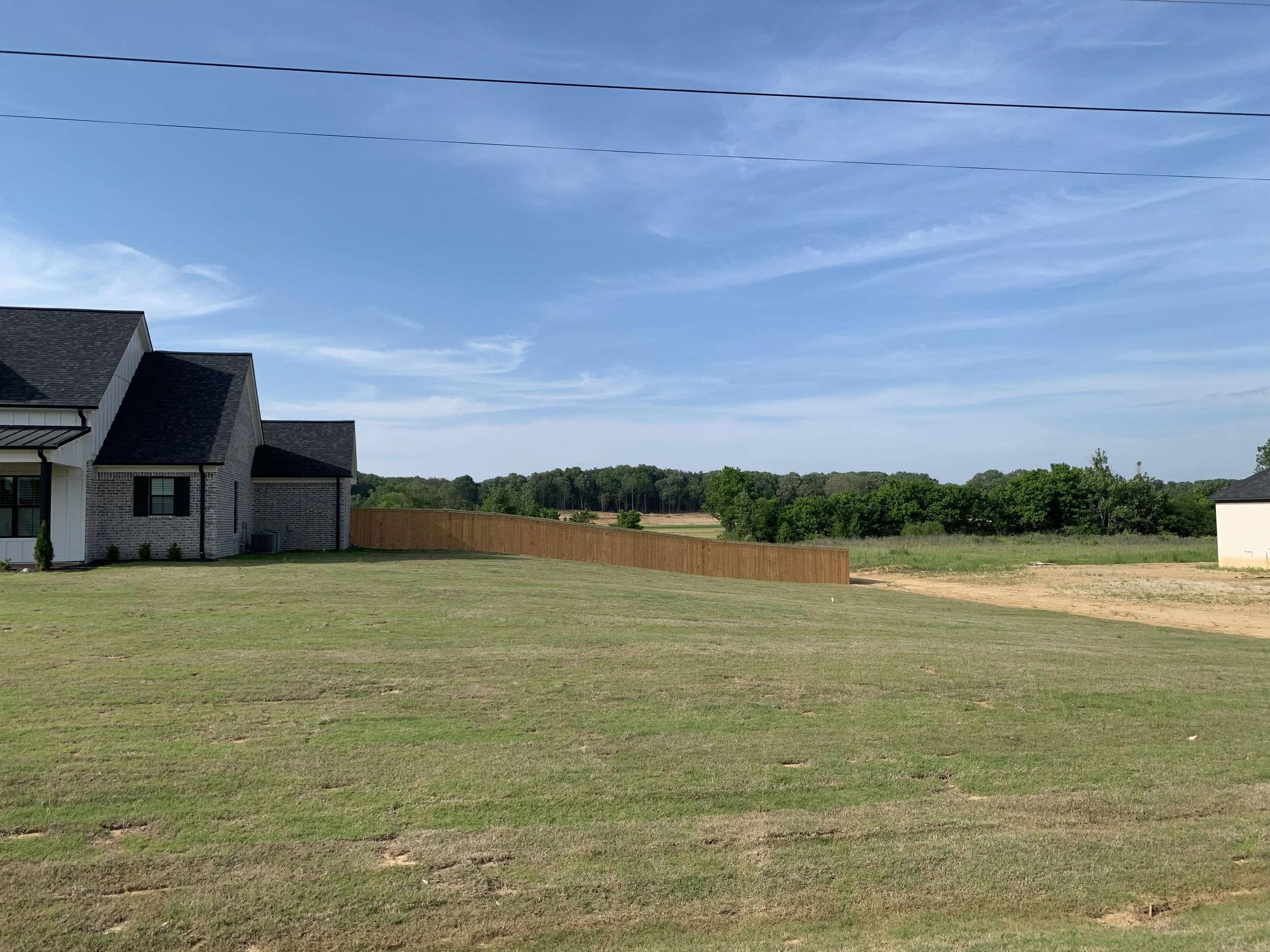 A suburban backyard with green grass, a wooden fence, and houses, under a blue sky with wispy clouds.