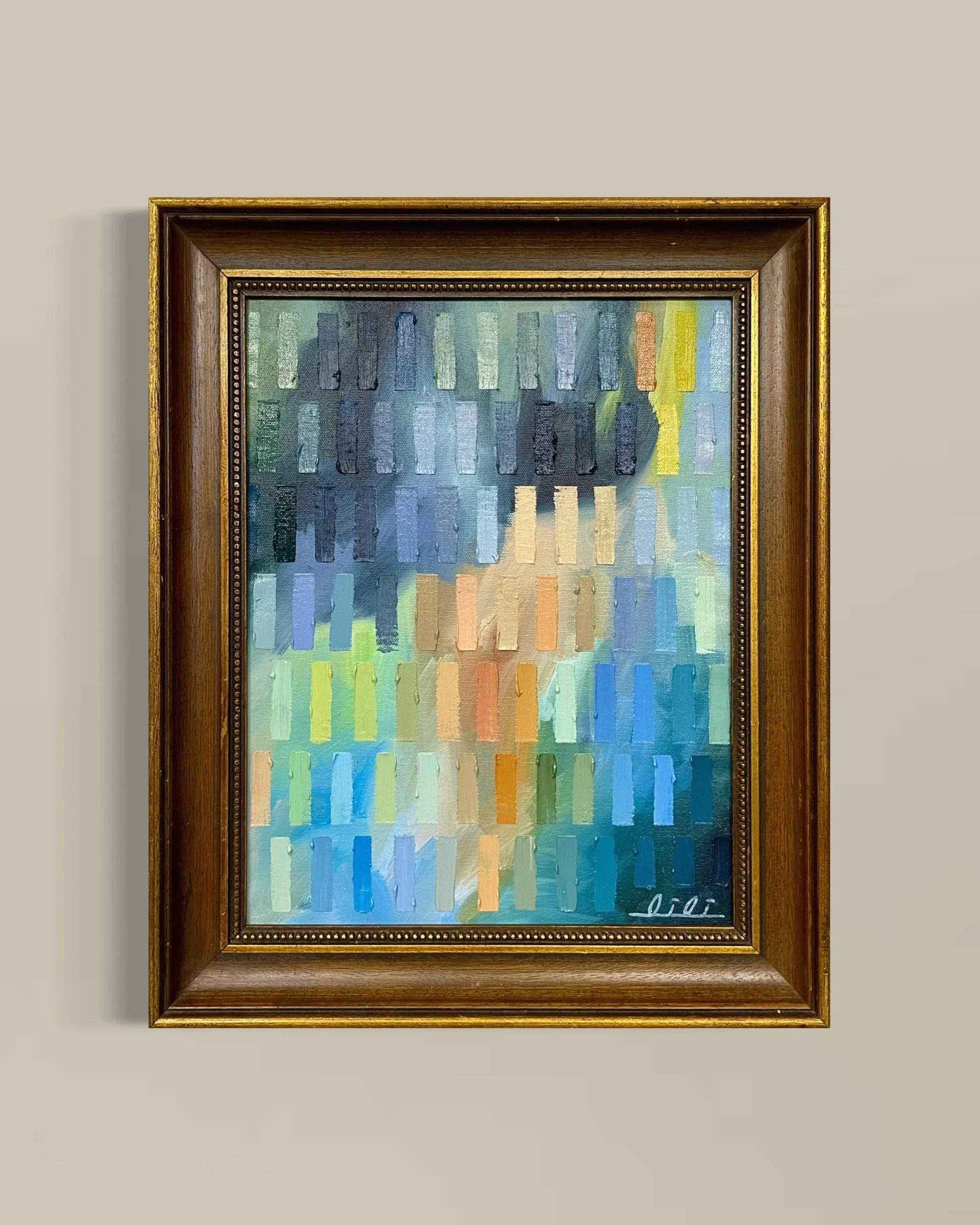 An original, contemporary abstract painting titled, "Mood Lighting" by artist Lili Dauphinee. Textured oil paintings like this one are a perfect addition to any interior design or home decor project. Elevate your home with gallery quality fine art.