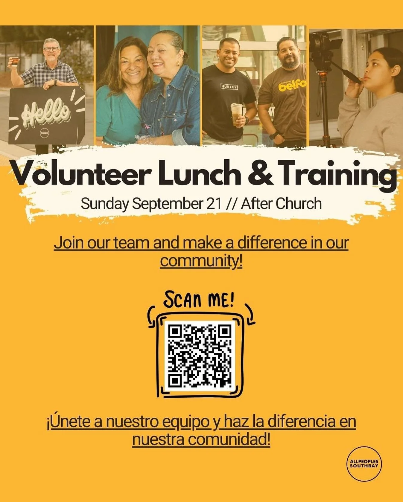 Volunteer Training &amp; Lunch
This Sunday after church we&rsquo;re having a lunch and training for everyone currently serving and for anyone who wants to learn more about our ministries or get involved.

___

Voluntarios 🙌 Como lo hemos estado anun