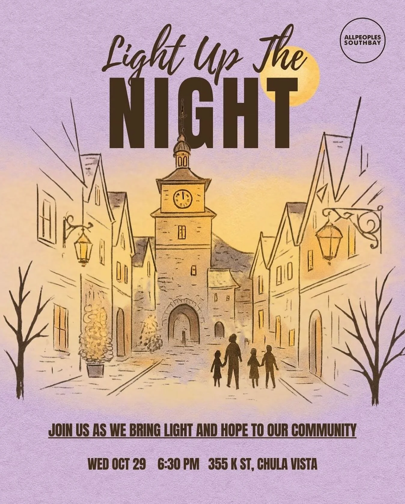 Light Up the Night – Wednesday, Oct 29 Join us for a special evening of light and hope in our community. We’ll be sharing candy and prayers for everyone we meet along the way, bringing hope and encouragement to all. 
No LifeGroups this we