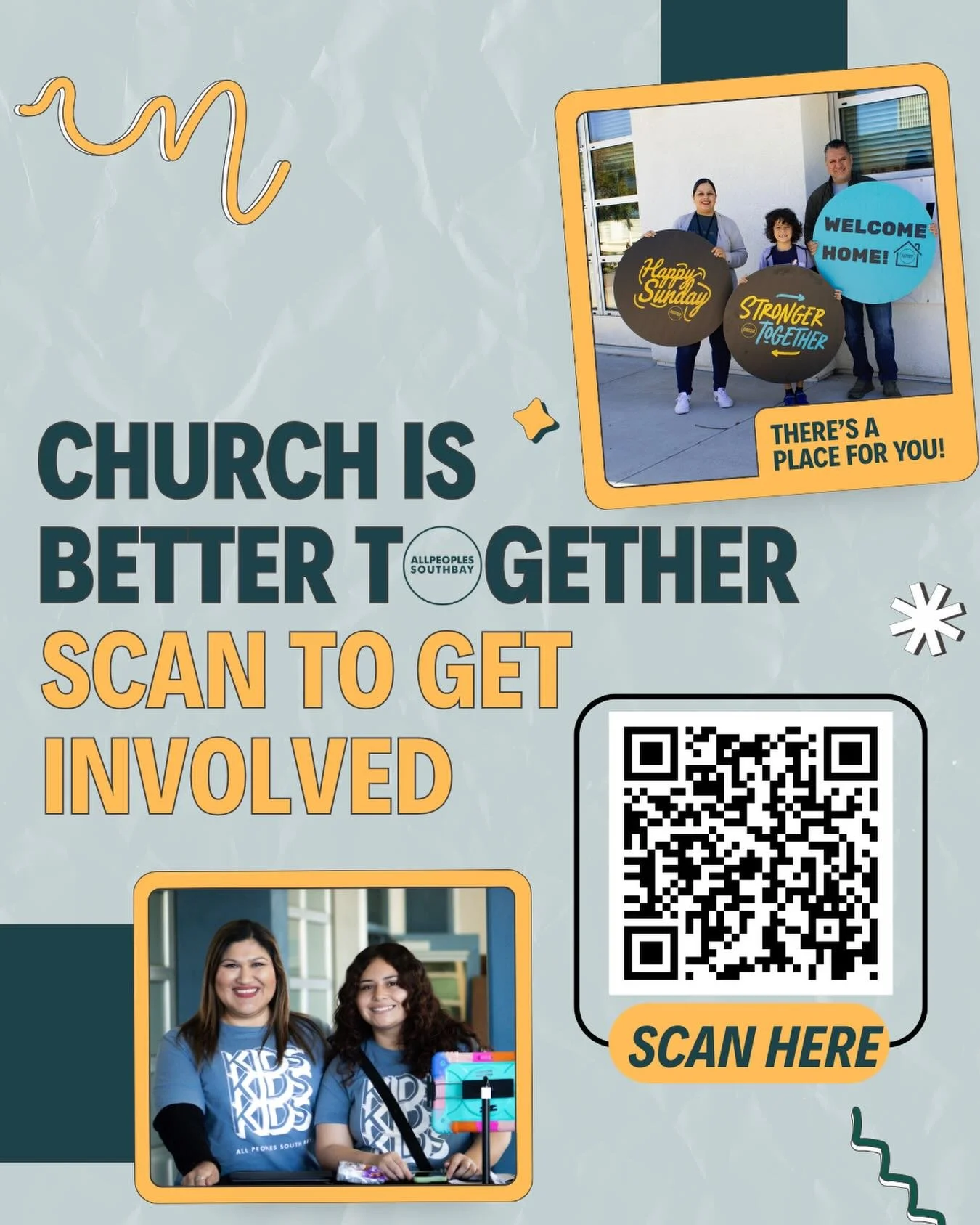 Church is better together 🤍
There&rsquo;s a place for you at All Peoples South Bay! Scan the code to get involved and find your spot to serve. We&rsquo;re stronger together!
//
Hay un lugar para ti en All Peoples South Bay. Escanea el c&oacute;digo 