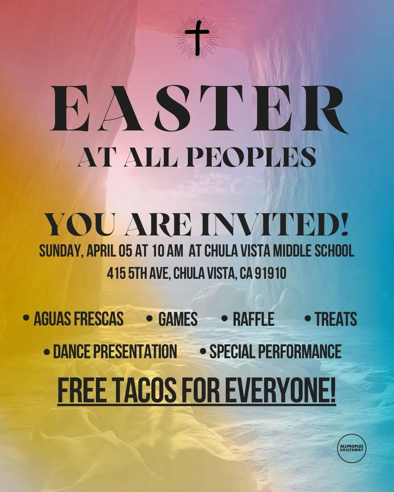 You&rsquo;re invited to celebrate Easter at All Peoples! ✨ 
Sunday, April 5th at 10 AM, bring your family and friends to Chula Vista Middle School &ndash; 415 5th Ave, Chula Vista, CA 91910. Expect an incredible dance presentation, special performanc