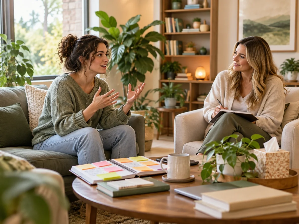 Two women having a conversation in a cozy living room. One woman is explaining with hand gestures, the other is listening and taking notes. The room has bookshelves, plants, and natural light.