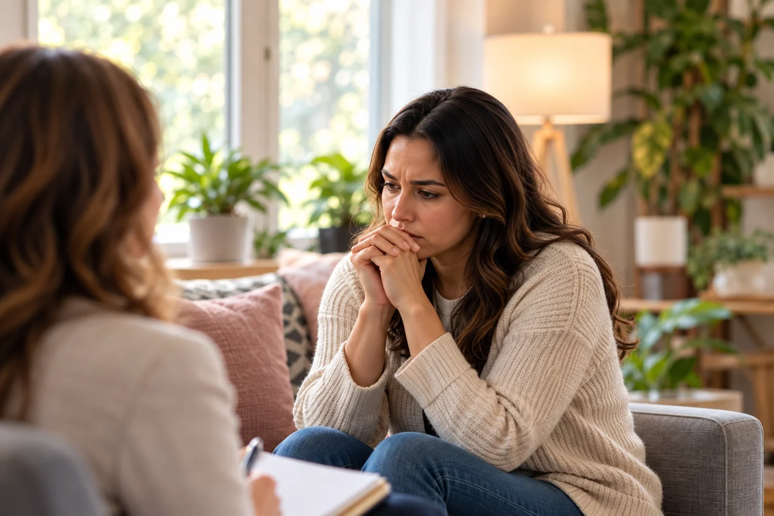 A woman with long, wavy brown hair sitting on a sofa, appearing worried or contemplative, holding her hands near her mouth during a conversation in a well-lit living room with plants and a lamp.