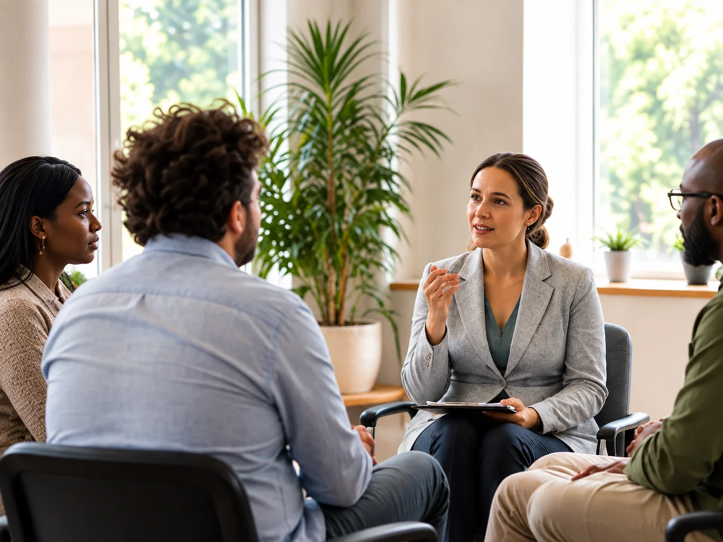 A diverse group of people having a discussion in a bright office with large windows and potted plants.