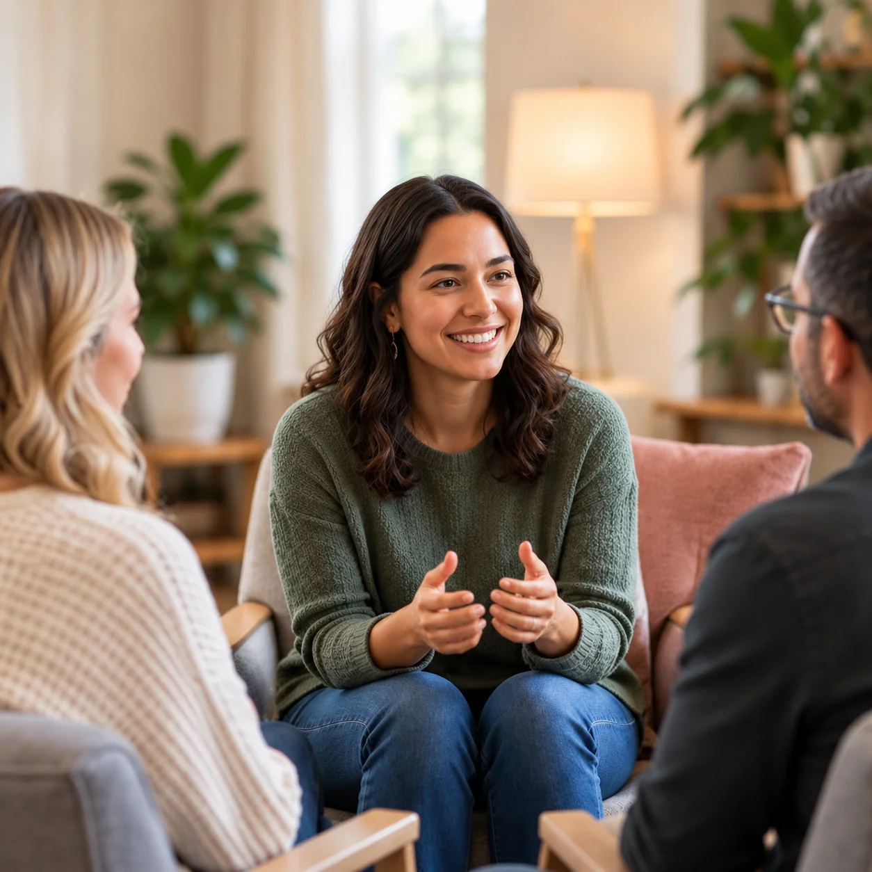 A woman with dark hair and a green sweater smiling and gesturing while talking with a man wearing glasses and a woman with blonde hair in a cozy living room.