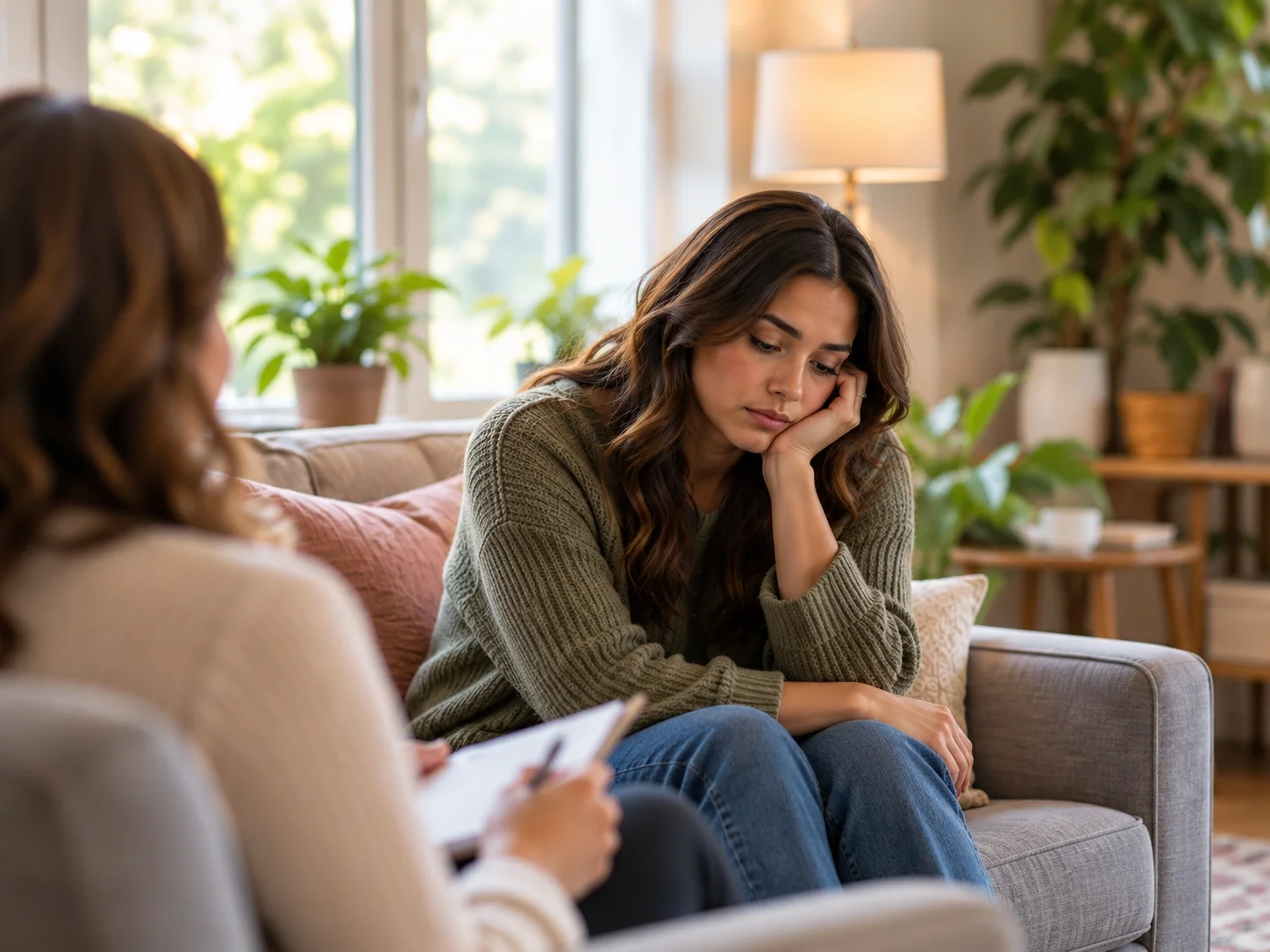 Woman with long brown hair sitting on a beige sofa in a cozy living room, looking sad or upset, with another woman taking notes or writing in a notebook in front of her.