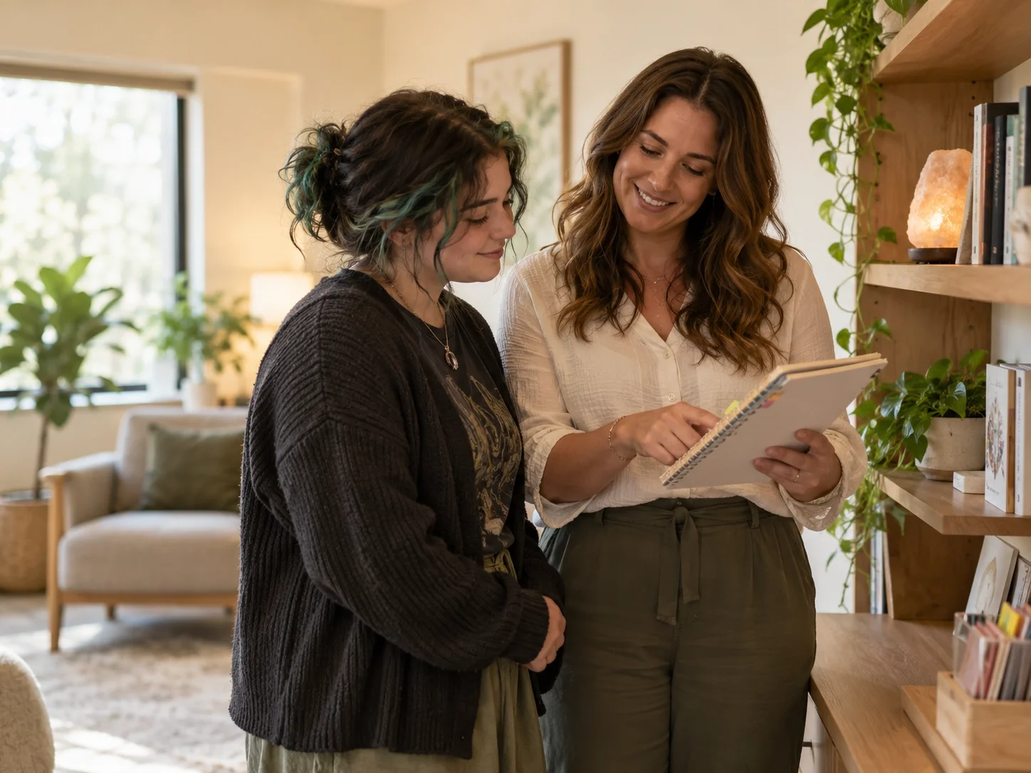 Two women standing by a bookshelf looking at a notebook and smiling indoors, with plants and a couch in the background.