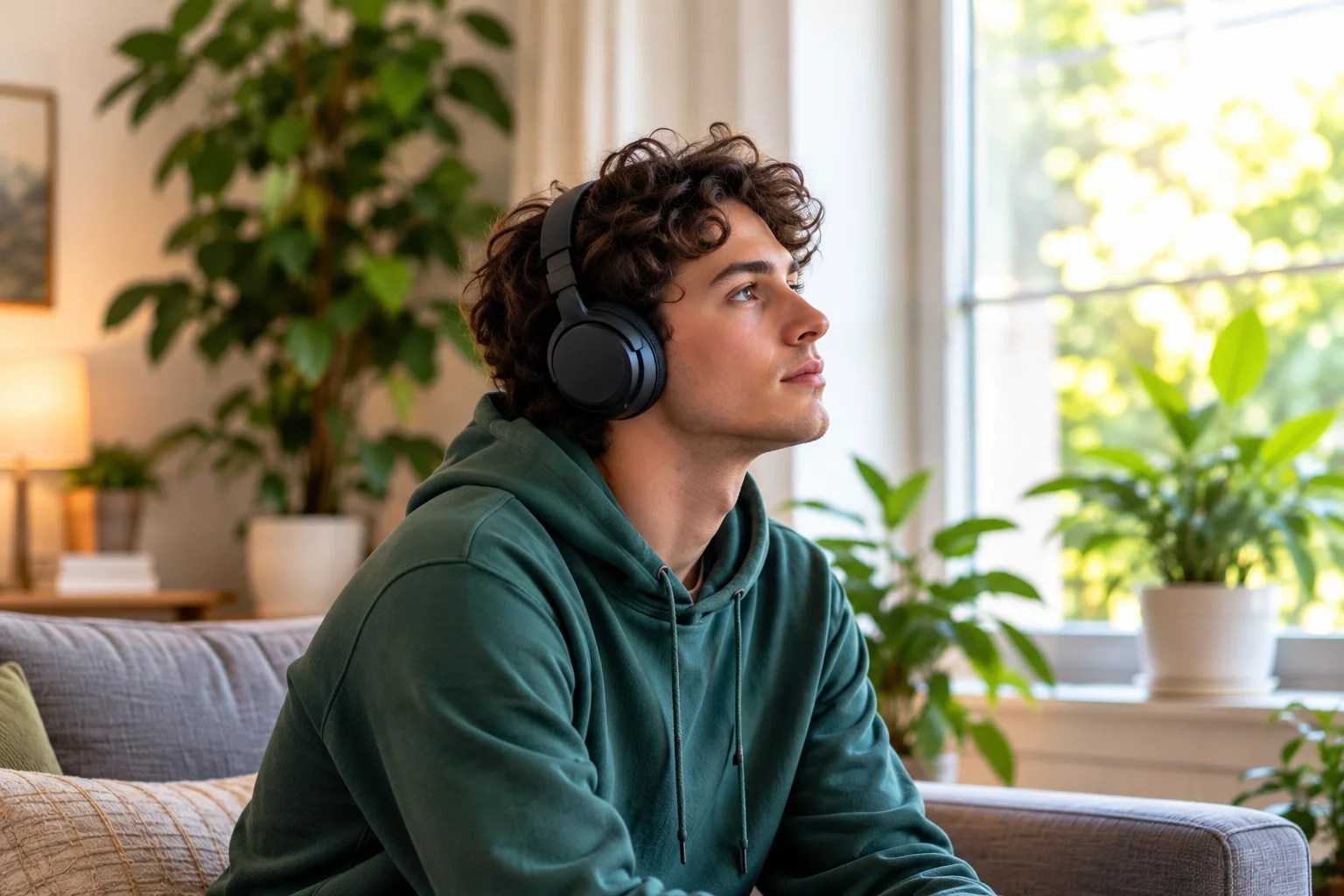 A young man with curly brown hair wearing headphones, sitting on a couch in a well-lit living room with plants and large windows.