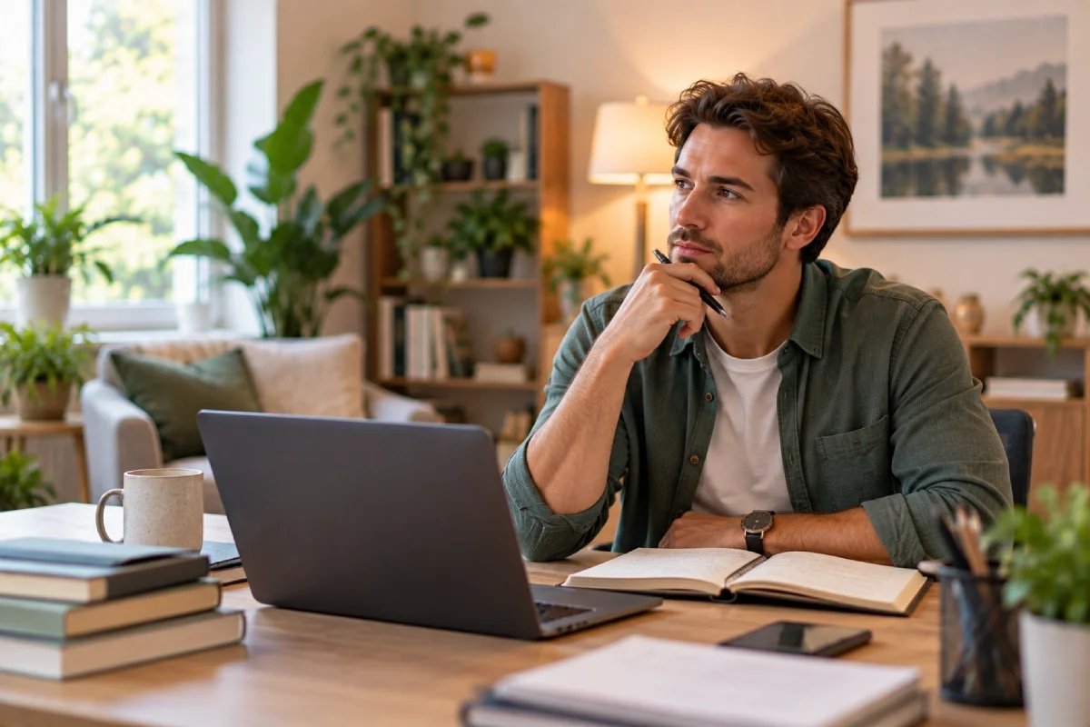 Man sitting at a desk with a laptop, open book, coffee mug, and notebooks, pondering in a well-lit living room decorated with plants and artwork.