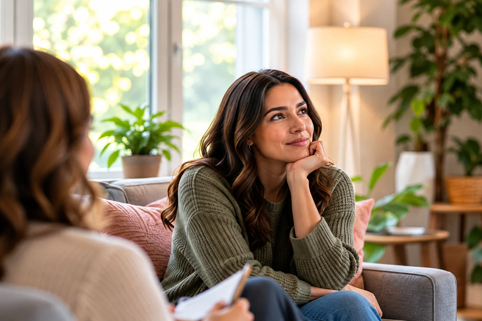 Woman with long dark hair sitting on sofa, smiling thoughtfully, in a cozy living room with green plants and a window in the background.