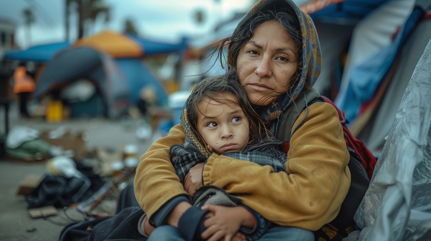 A woman with a hood hugging a young girl in what appears to be a refugee camp with tents and supplies in the background.