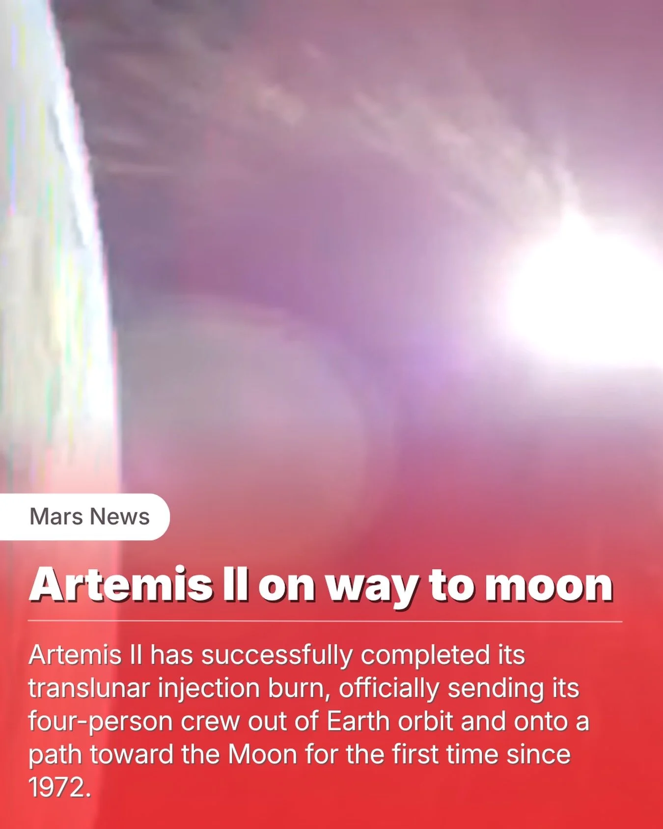 It&rsquo;s official.

Humanity is no longer in orbit.

After a successful translunar injection burn, Artemis II is now on its way to the Moon.

Aboard the Orion, astronauts Reid Wiseman, Victor Glover, Christina Koch, and Jeremy Hansen have officiall