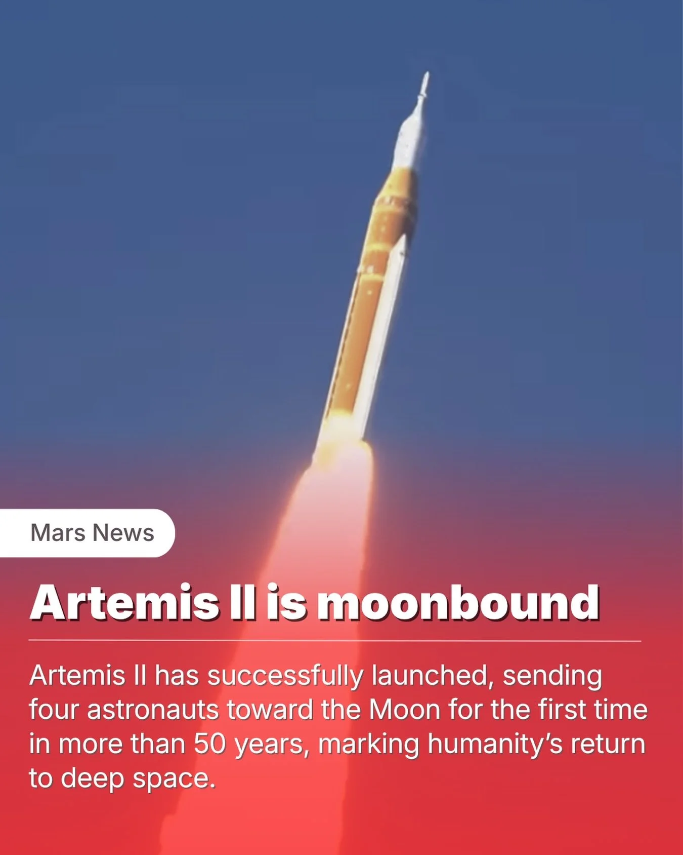 It happened.

For the first time in more than half a century, humans are on their way back toward the Moon.

Artemis II has successfully launched from Kennedy Space Center, carrying Reid Wiseman, Victor Glover, Christina Koch, and Jeremy Hansen aboar