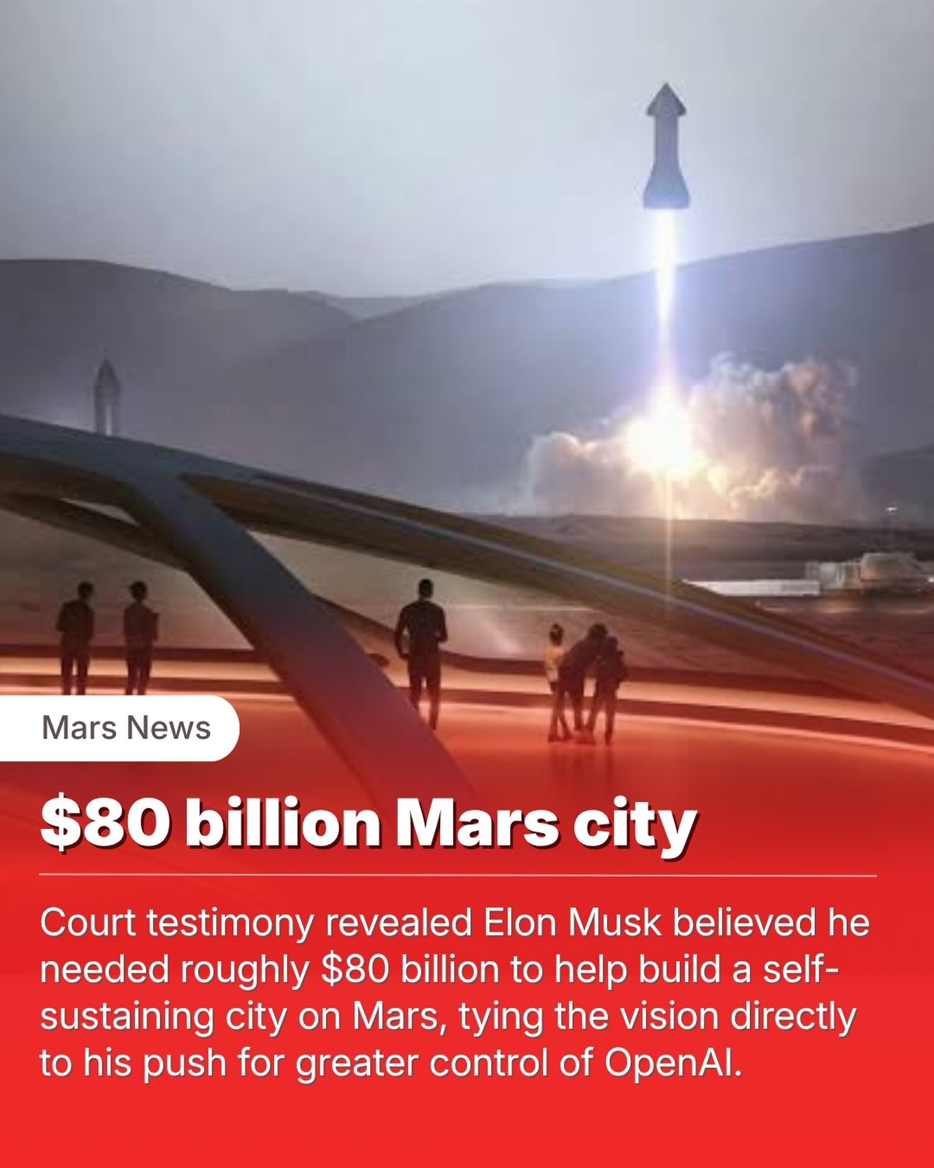 How much would it actually cost to start a city on Mars?

According to testimony revealed during the ongoing OpenAI lawsuit coverage by Reuters￼, Elon Musk once said he needed roughly $80 billion to create a self-sustaining city on the Red Planet.

T